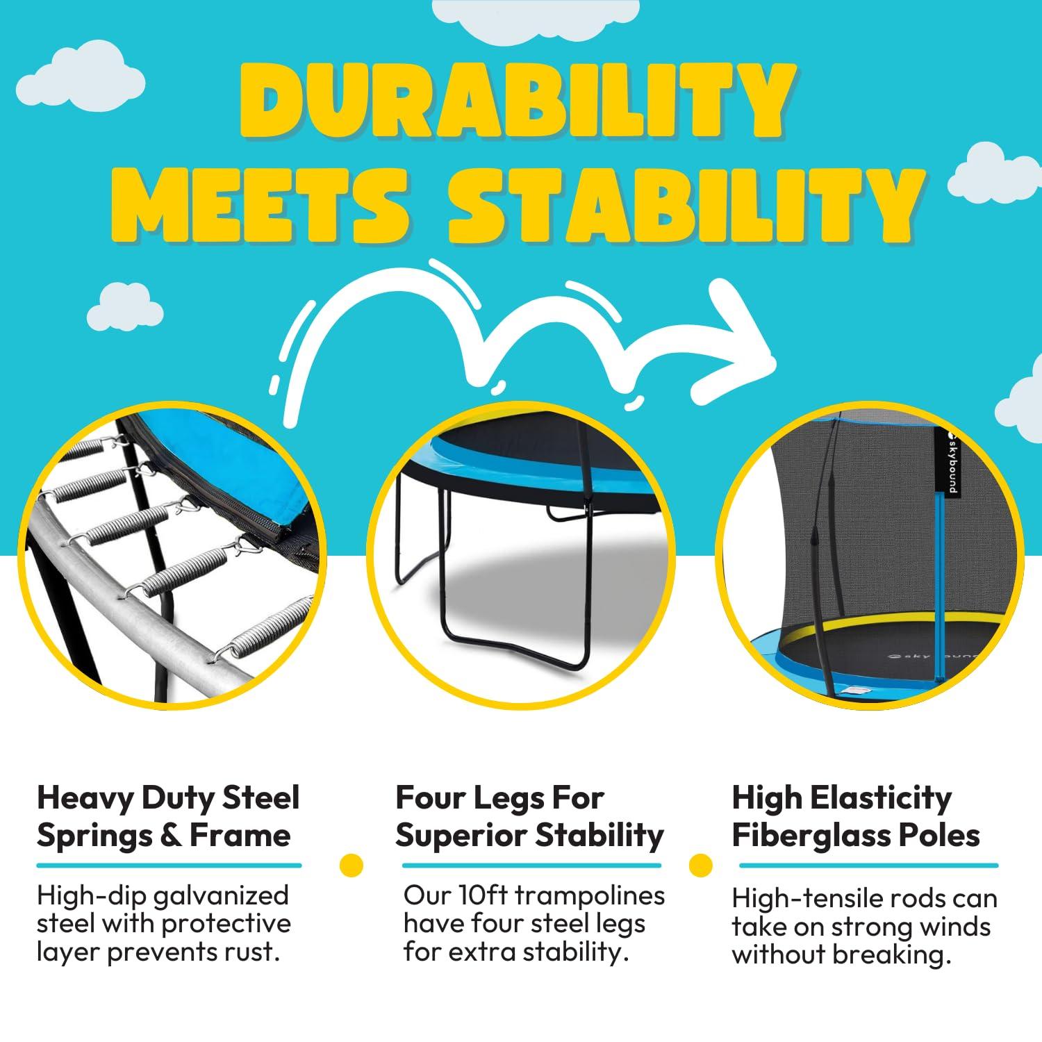 SkyBound SkyBound Trampoline - 10ft 12ft 14ft Large Outdoor Backyard ASTM Approved Heavy Duty Trampolines for Kids & Adults - Patented Fiberglass Curved-Pole Outside Recreational Trampoline with Jumpgame App