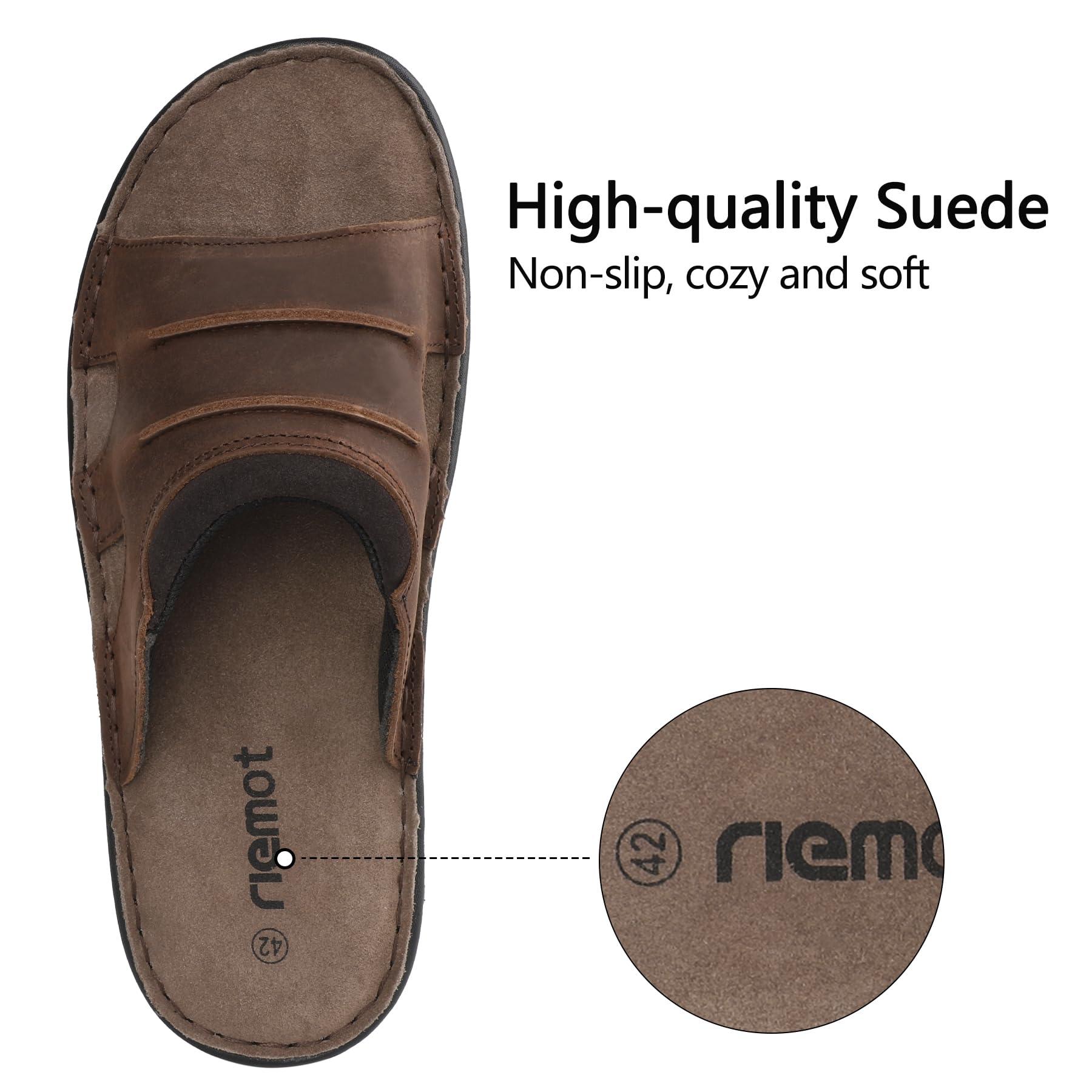 riemot riemot Men's Leather Sandals Outdoor Walking Cushioning Arch Support Sandals Casual Lightweight Non-slip Comfortable Summer Slides Shoes Brown US 9/ EU 42