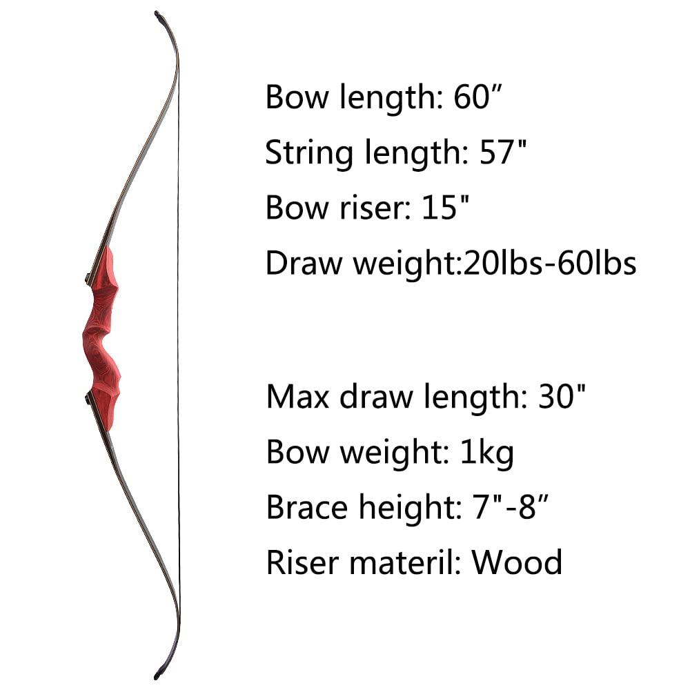 ZSHJGJR ZSHJGJR Recurve Bow and Arrow Set, Wooden Takedown Recurve Bow 61\" Hunting Recurve Bow for Adults Youth Beginners Archery Target Practice Right Hand20-60lbs (30lbs, Red Bow Set)