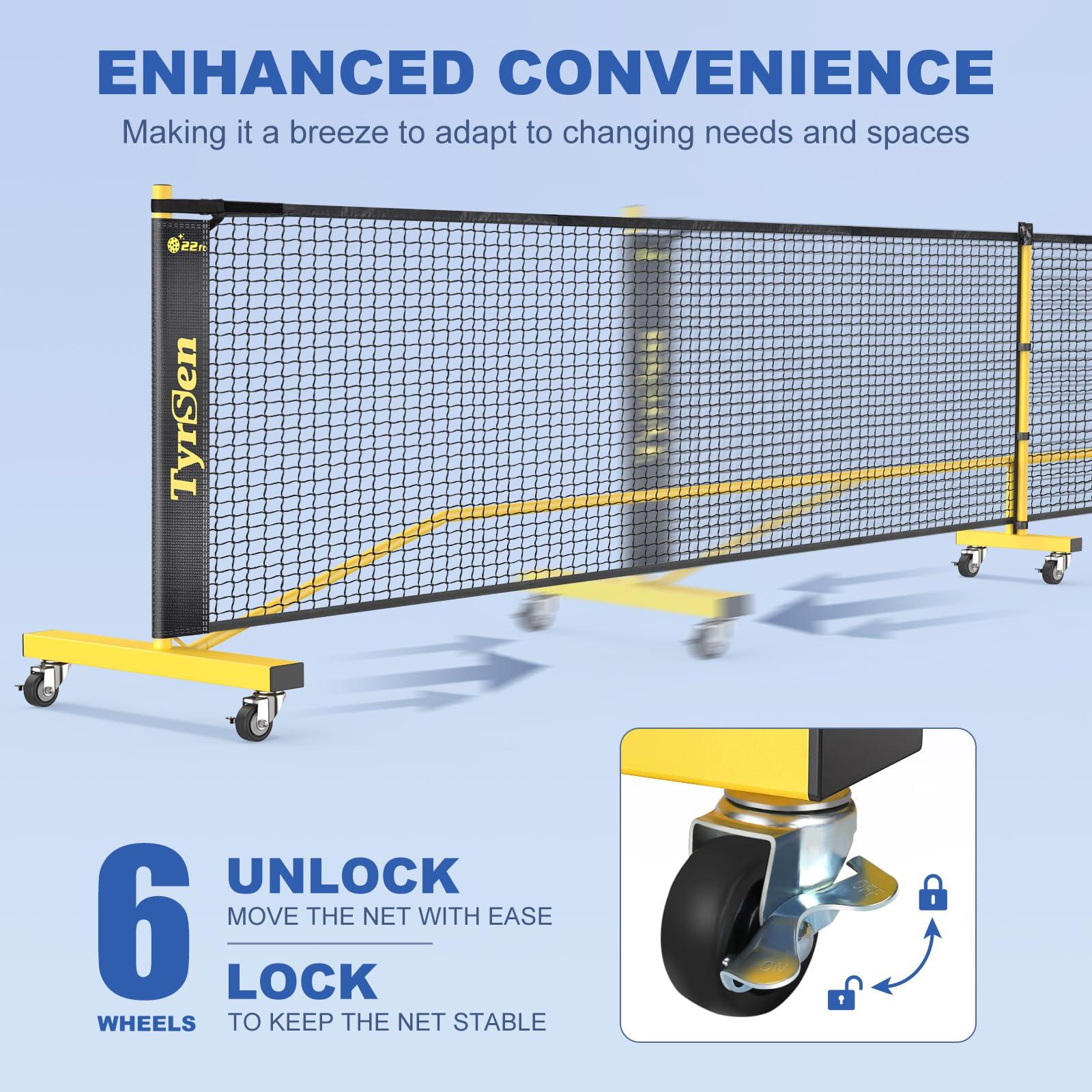 TYRSEN TYRSEN Pickleball Net Set - Pickleball Net on Wheels for Driveway Backyard, 22FT Regular Size, 4 Fiberglass Paddles & 6 Balls, 12 Court Markers, Portable Pickle Ball System with Carry Bag