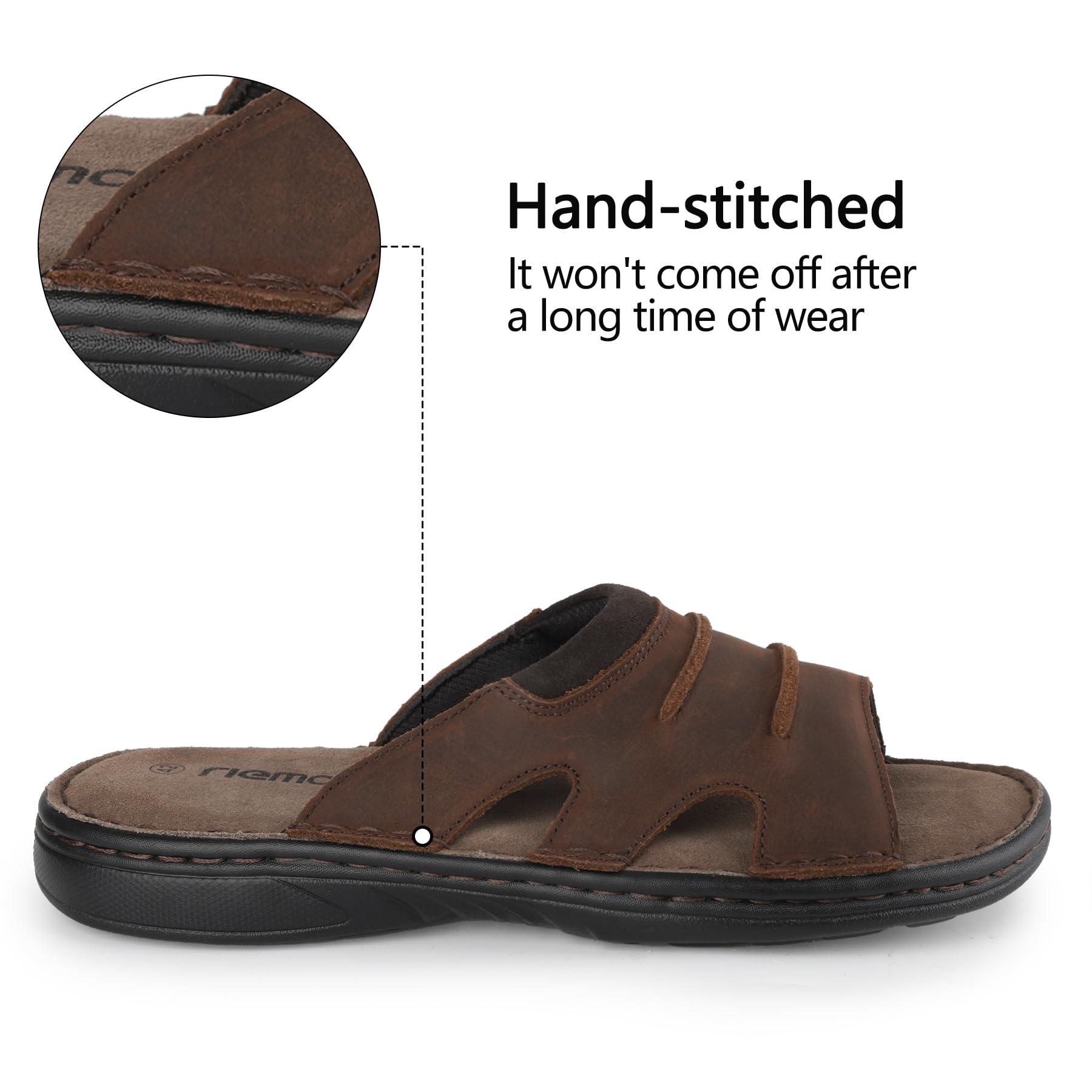 riemot riemot Men's Leather Sandals Outdoor Walking Cushioning Arch Support Sandals Casual Lightweight Non-slip Comfortable Summer Slides Shoes Brown US 9/ EU 42