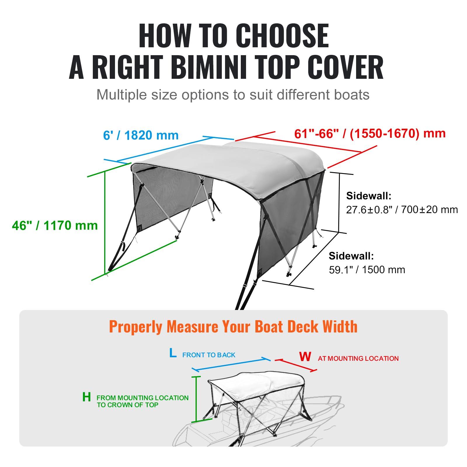 VEVOR VEVOR 3 Bow Bimini Top Boat Cover, Detachable Mesh Sidewalls, 600D Polyester Canopy with 1" Aluminum Alloy Frame, Includes Storage Boot, 2 Support Poles, 2 Straps, 6'L x 46" H x 61"-66" W, Light Grey