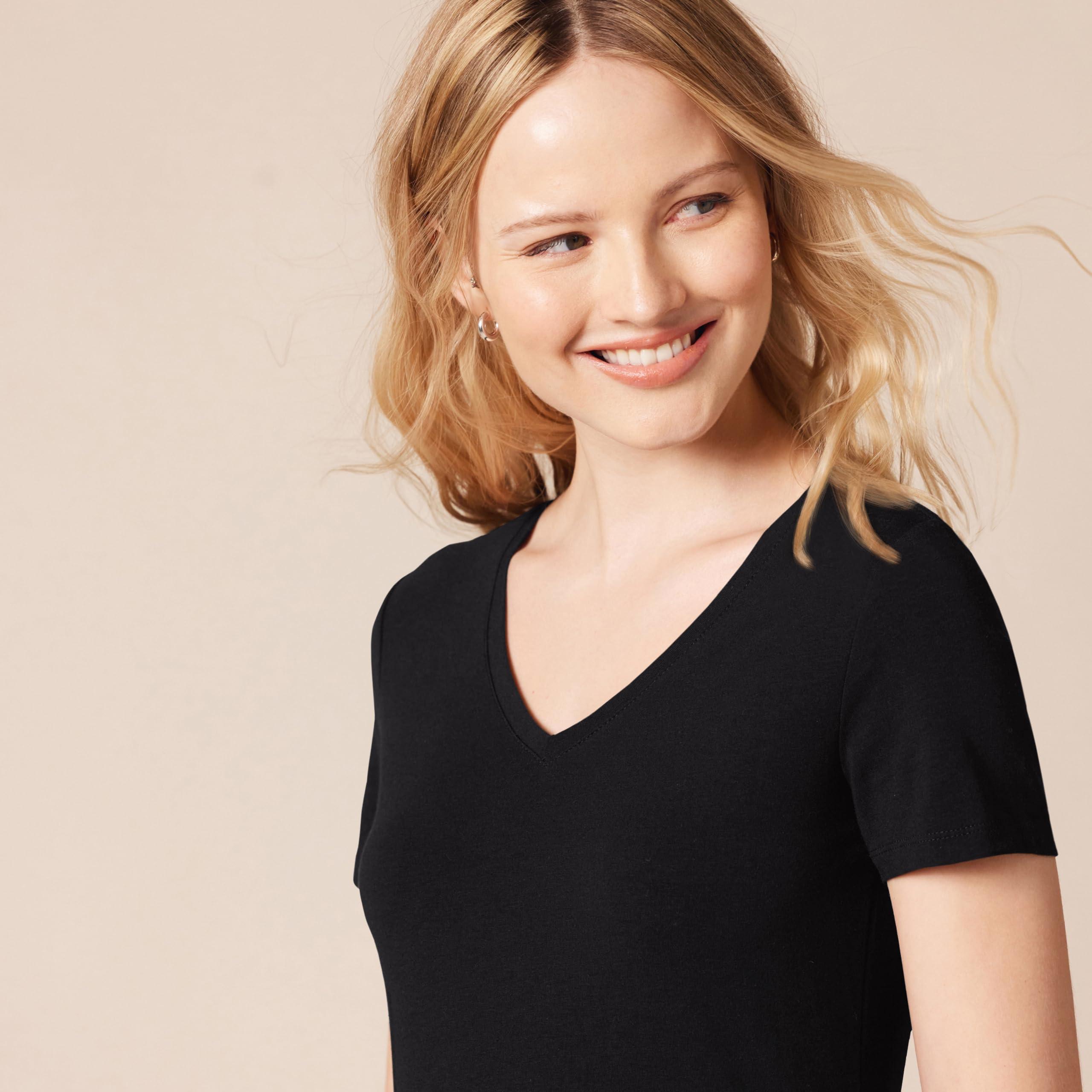 Amazon Essentials Amazon Essentials Women's Classic-Fit Short-Sleeve V-Neck T-Shirt, Pack of 2, Black/White, Small