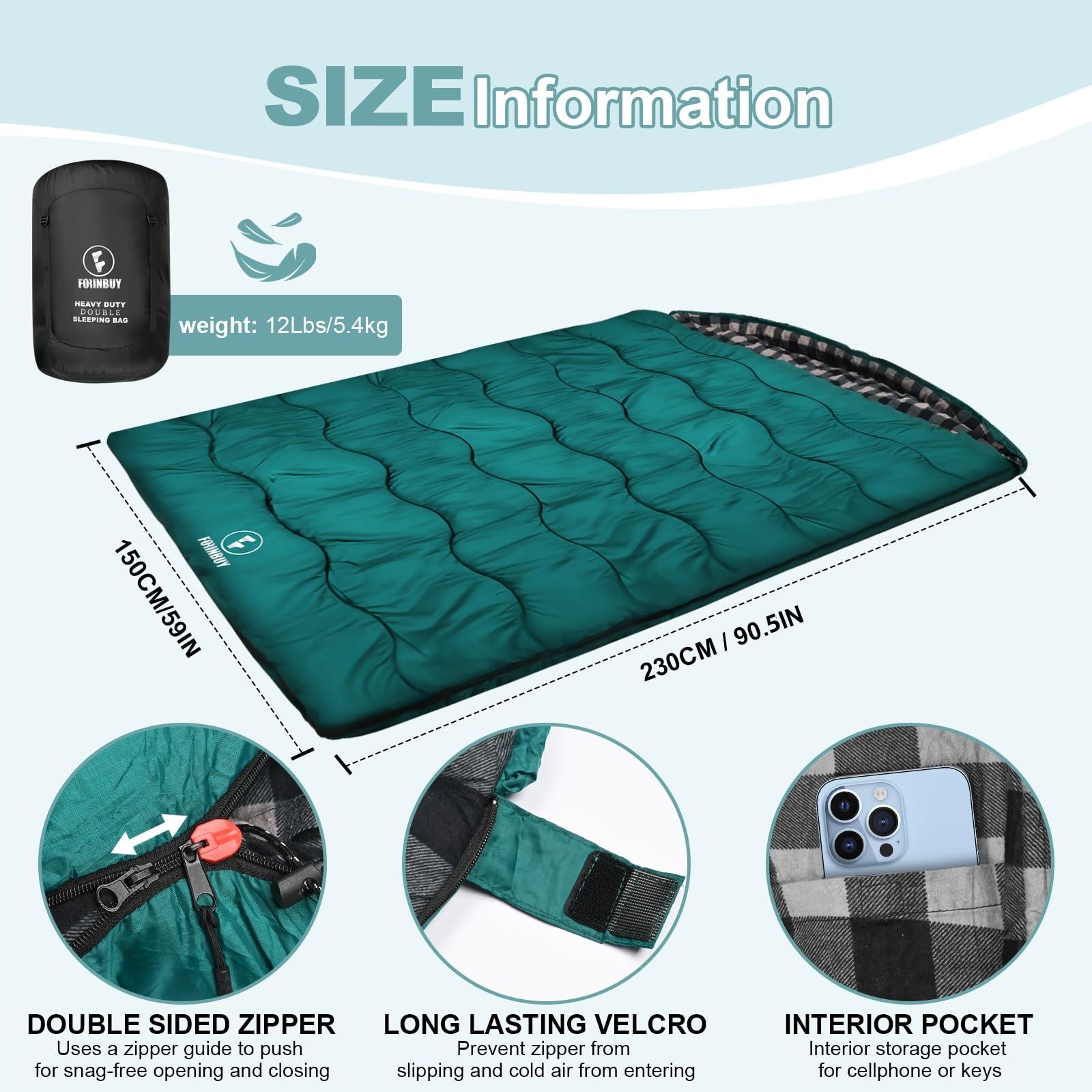 Forinbuy FORINBUY Winter Cotton Flannel Double Sleeping Bag,Queen Size Sleeping Bag for Adults, Cold Weather Waterproof 2 Person Sleeping Bag, Suitable for Couples Family Camping, RV Travel
