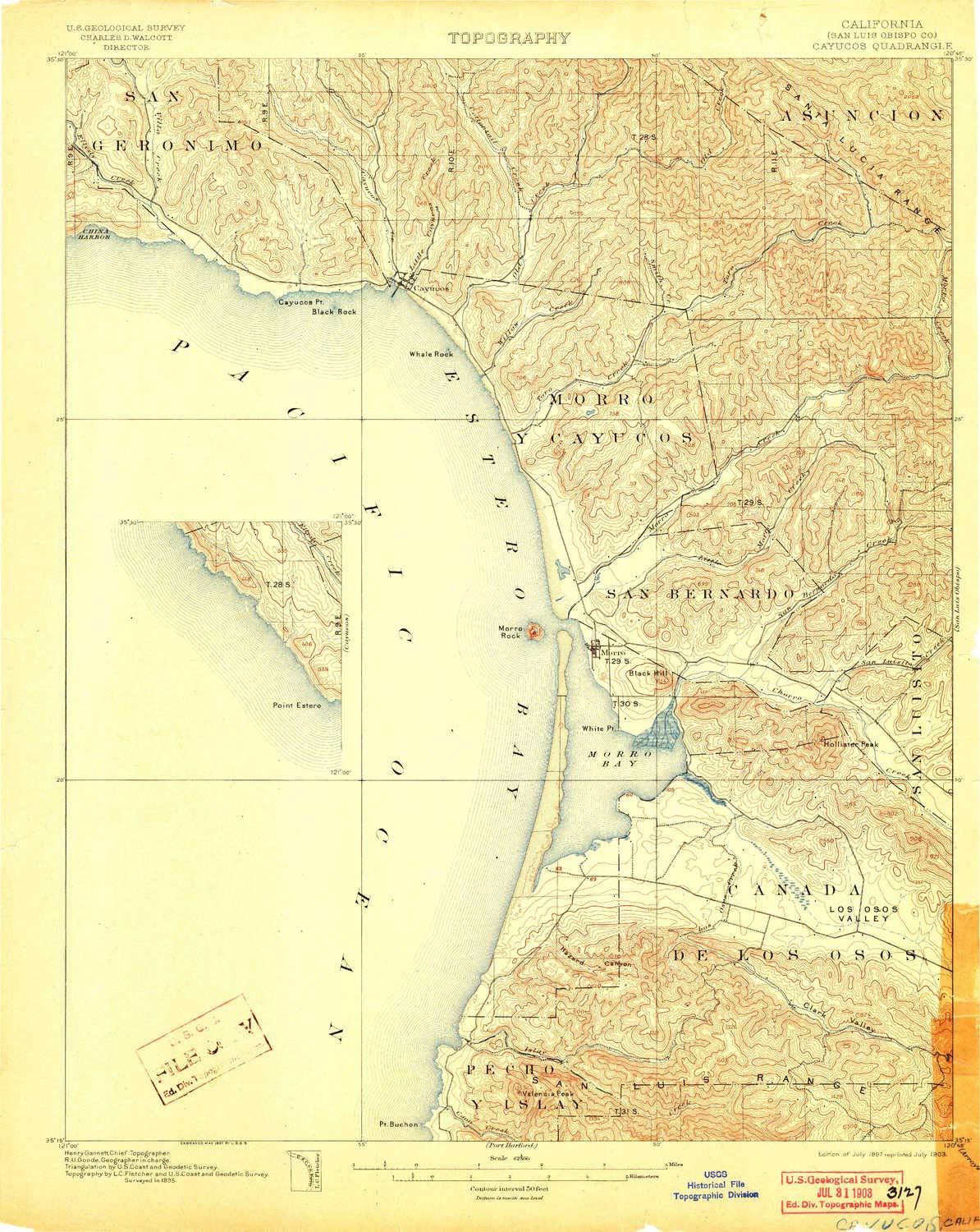 YellowMaps YellowMaps Cayucos CA topo map, 1:62500 Scale, 15 X 15 Minute, Historical, 1897, Updated 1903, 19.9 x 15.8 in - Polypropylene
