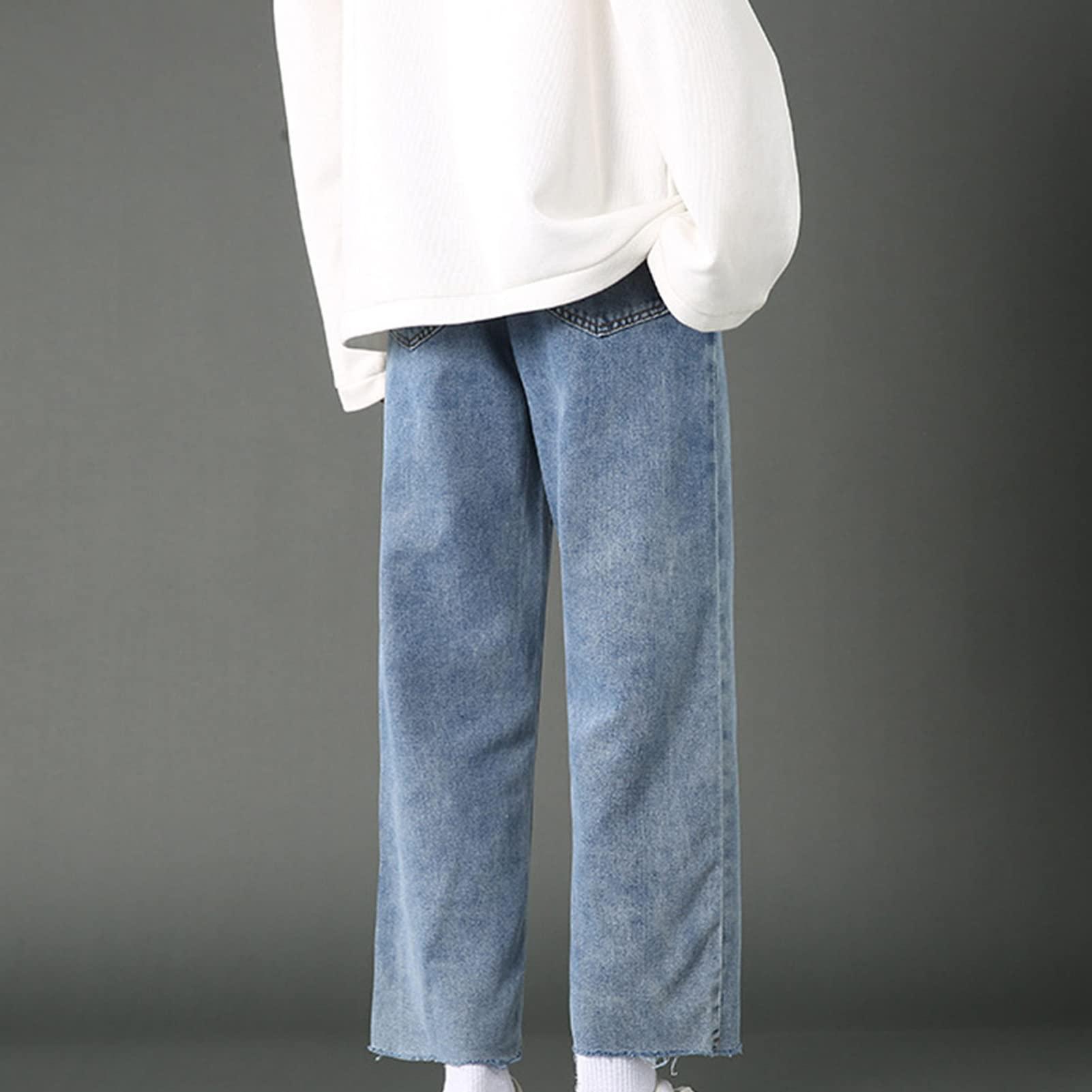 JEsilunmaMY JEsilunmaMY Straight Leg Jeans for Men Casual Loose Distressed Washed Denim Pants Spring Frayed Hem Baggy Slacks Jean Pants (Blue,29)