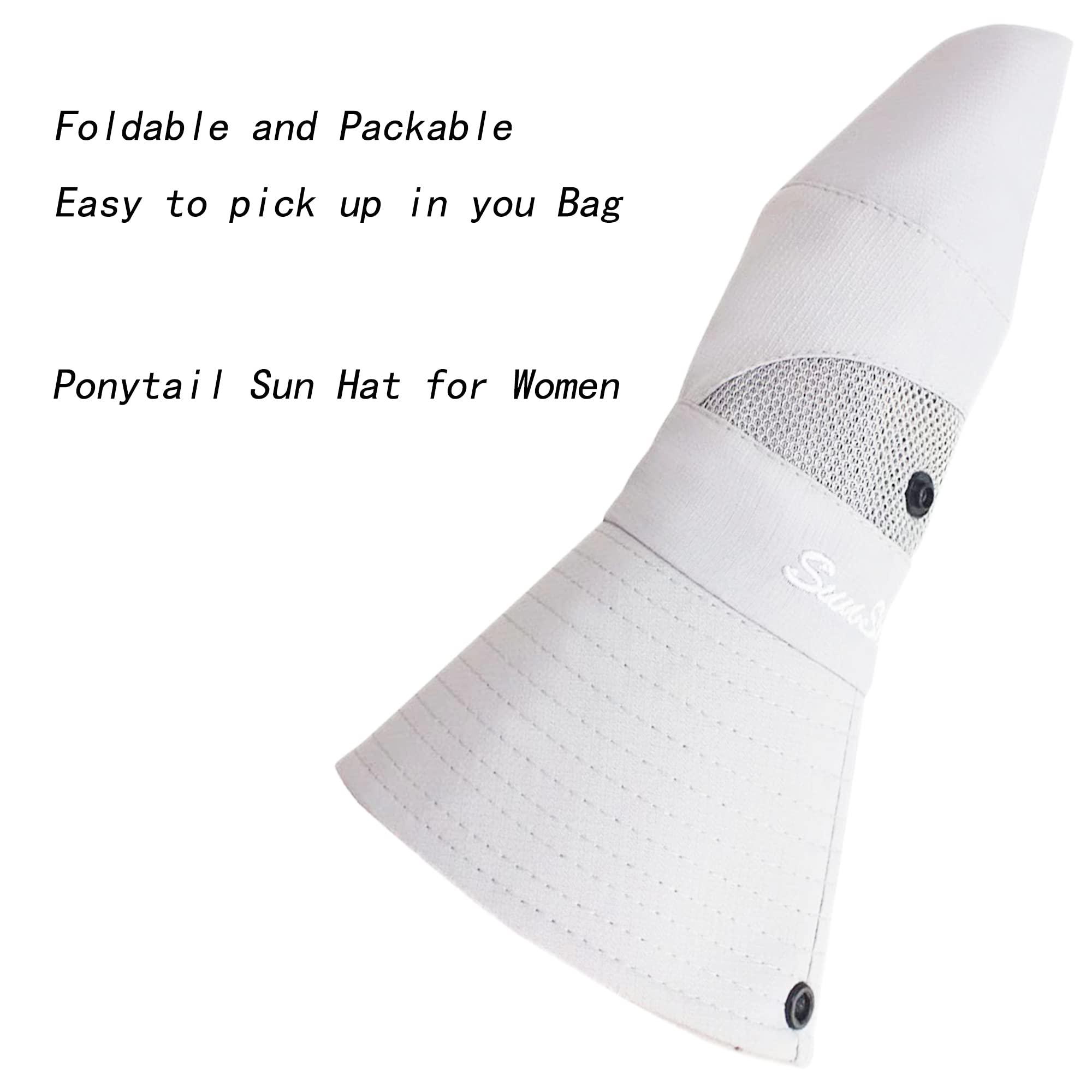 IZUS Classic Ponytail Sun Hat for Women,Mesh Bun Ponytail-Hole Bucket Hat UV Protection Wide-Brim Summer Hat Outdoor