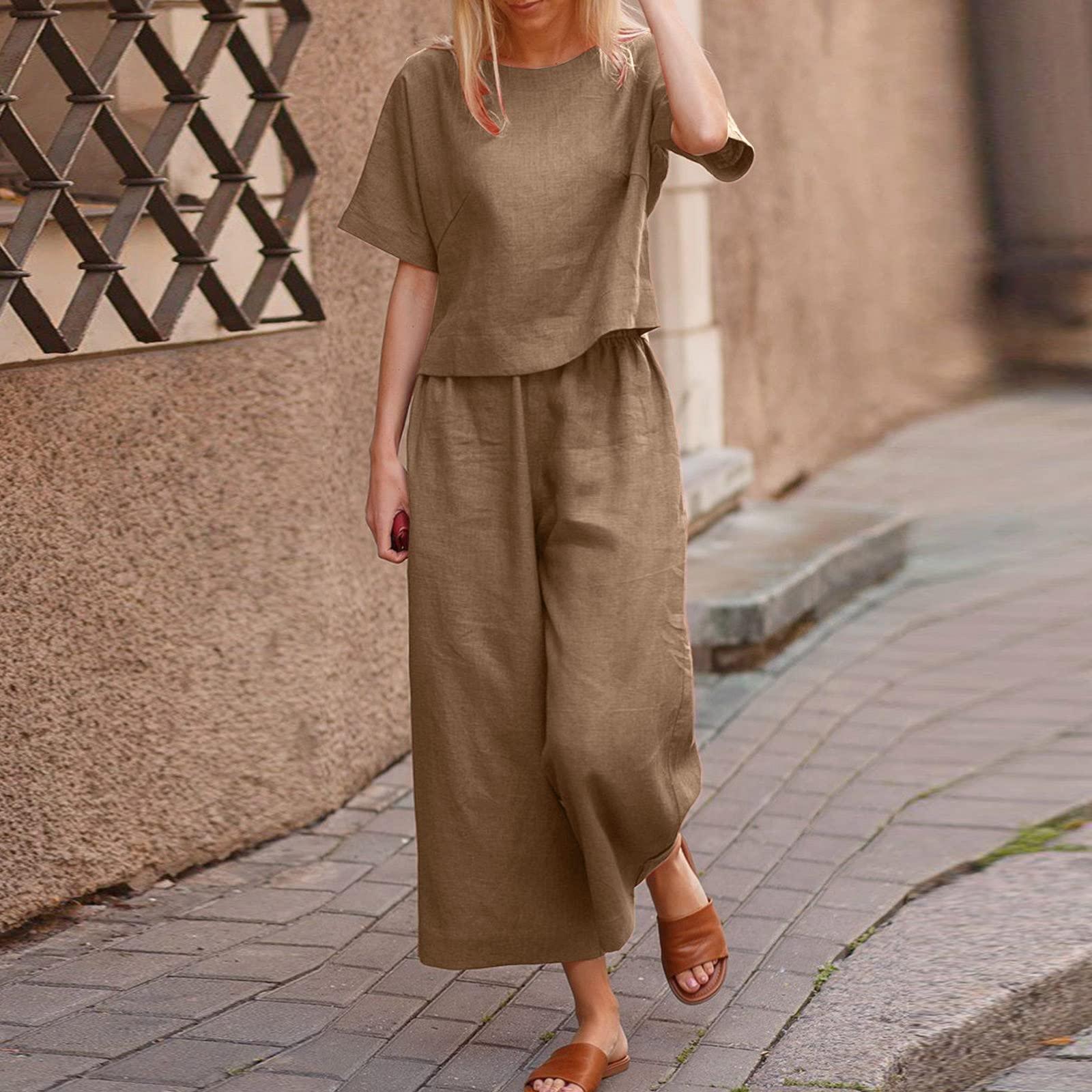 WABEOR 2 Piece Linen Set for Women Summer Outfits Casual Two Piece Pants Sets Loose Crop Linen Tops Wide Leg Capris Comfy Lounge Set B-Khaki