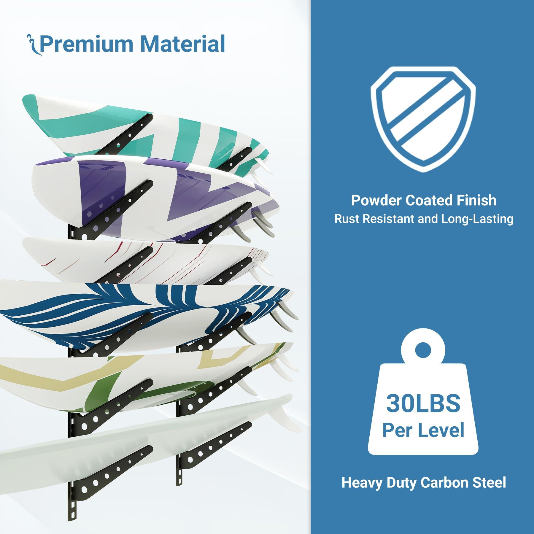 Neorexon Neorexon Adjustable Surfboard Rack, 6 Board Surfboard Wall Mount Display, Metal Surfboard Wall Hanger, Surfboard Wall Rack Horizontal for Surfboard, Wakeboard, Snowboard Storage in Home or Garage