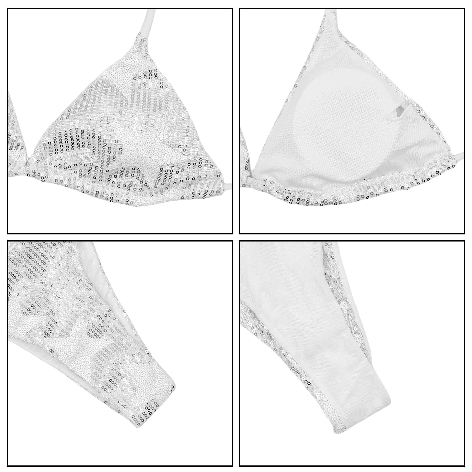 JASASCCEL Women Sexy Shiny Glitter Bikini Set Sparkle Bathing Suit Two Piece Swimsuits Triangle Top High Cut Bottom Set