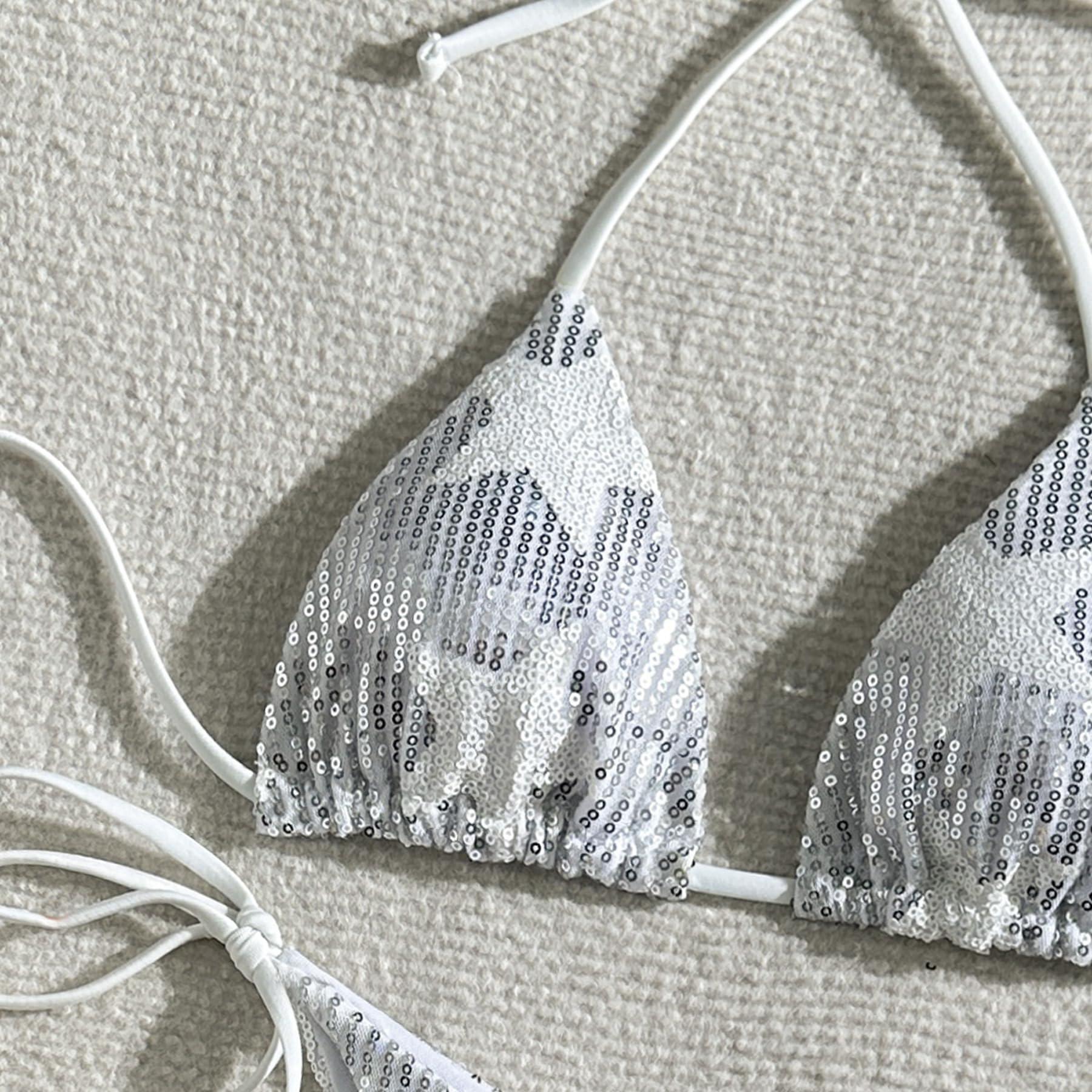 JASASCCEL Women Sexy Shiny Glitter Bikini Set Sparkle Bathing Suit Two Piece Swimsuits Triangle Top High Cut Bottom Set