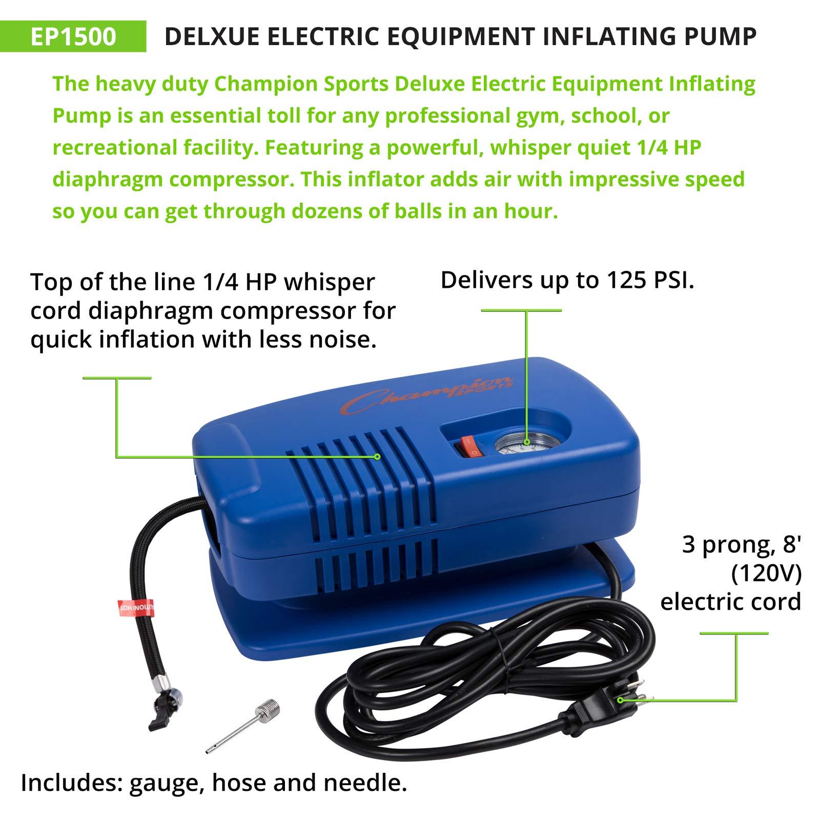 Champion Sports Champion Sports Electric Ball Pump for Basketball, Soccer, Volleyball, with Needle, Gauge, Hose - Quiet, Fast Air Pumps for Balls with up to 125 PSI - Premium Ball Inflator for Gyms, Schools