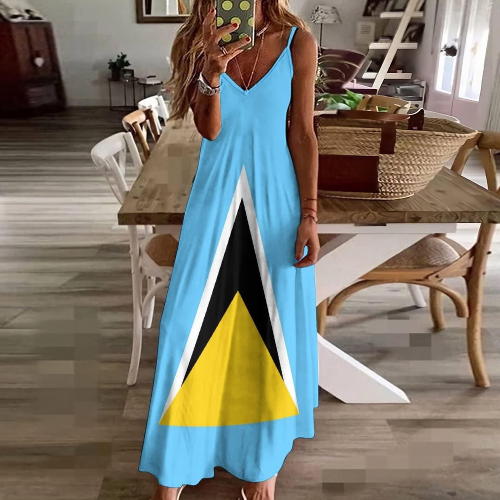 BAIKUTOUAN BAIKUTOUAN Saint Lucia Flag Women's Summer Strapless Dress Sundresses V-Neck Sleeveless Long