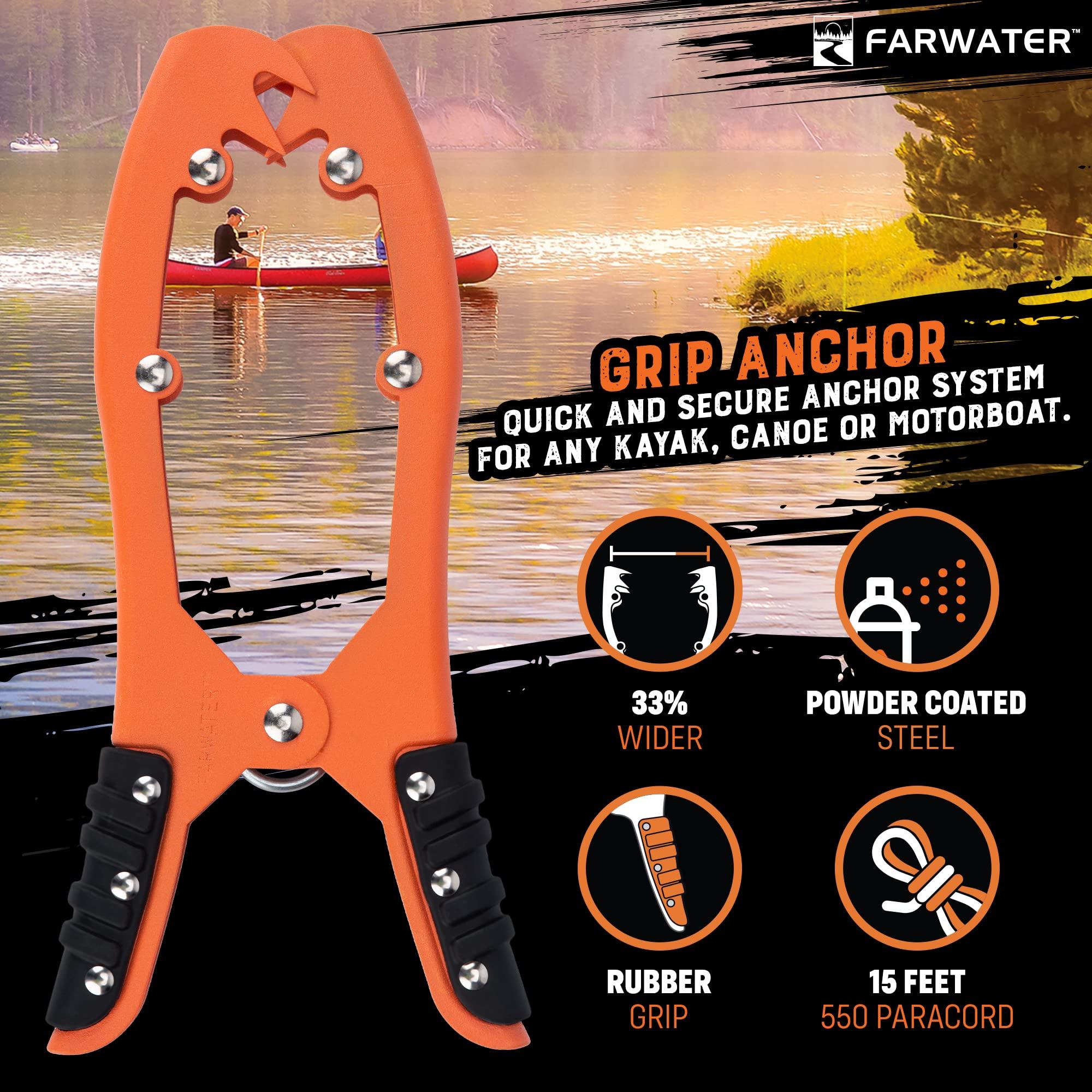 FARWATER FARWATER Canoe Anchor Grip - Boat, Float Tube & Kayak Fishing Accessories, Kayaking Equipment - Brush Clamp Anchor with Teeth - Gripper with 15ft Paracord - Rubber Grips - Coated Steel - Matte Orange