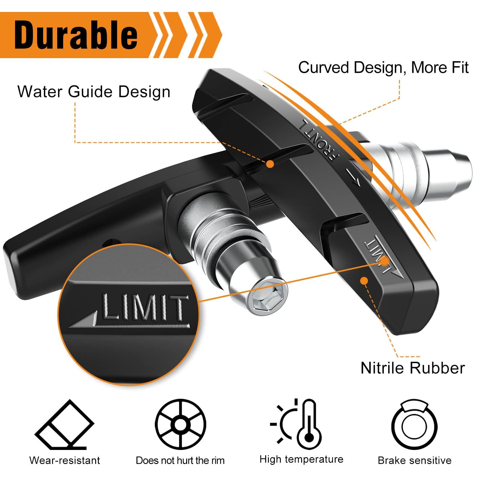 Alritz Alritz Bike Brake Pads Set, 4 Pairs Road Mountain Bicycle V-Brake Blocks Shoes with Hex Nut and Shims, No Noise No Skid, 70mm (Black)