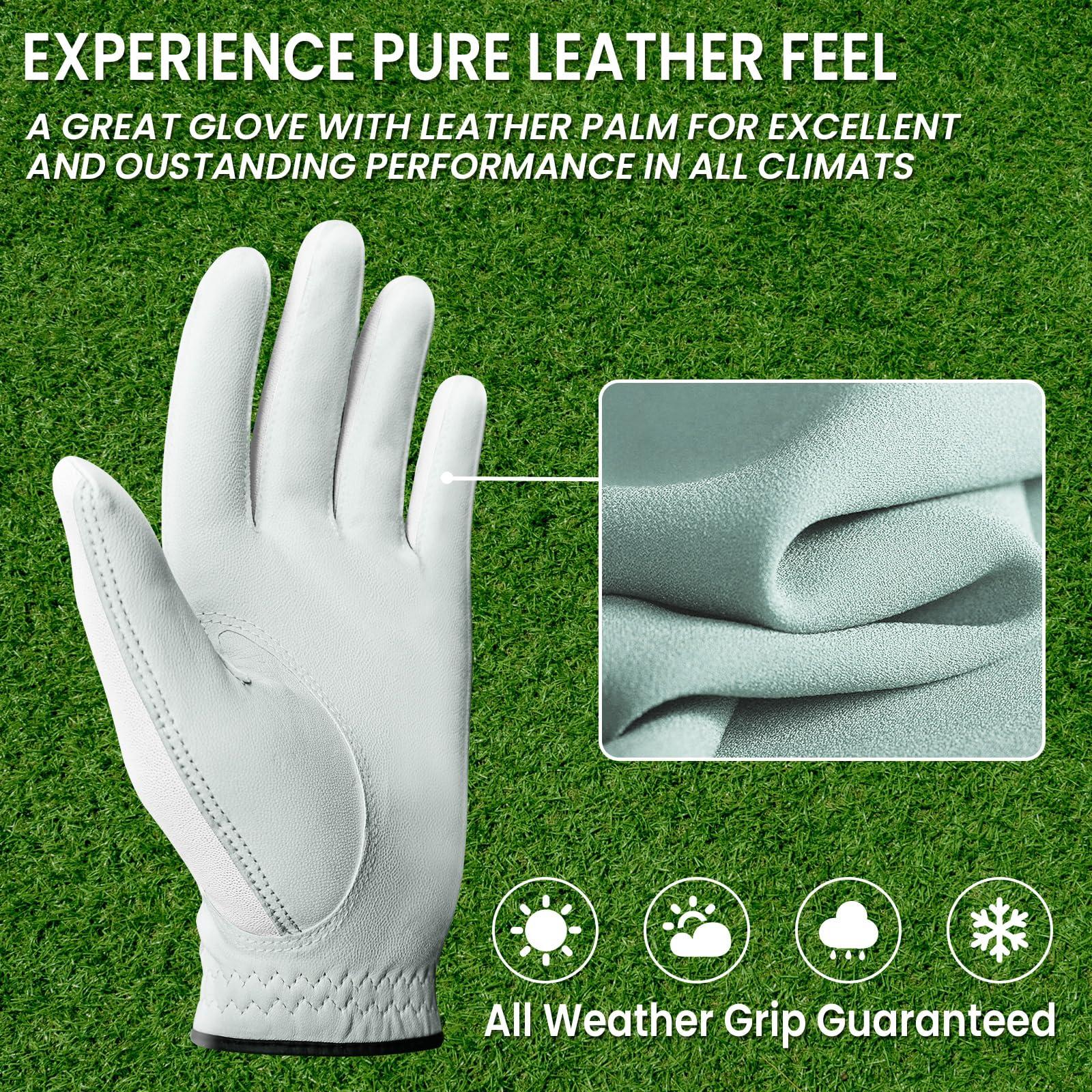 FINGER TEN FINGER TEN Golf Gloves Men Right Left Handed Golfer 3/6 Pack Mens Golf Glove Left Right Hand Soft Cabretta Leather All Weather Grip Size S M ML L XL (White-6 Pack, X-Large, Left)