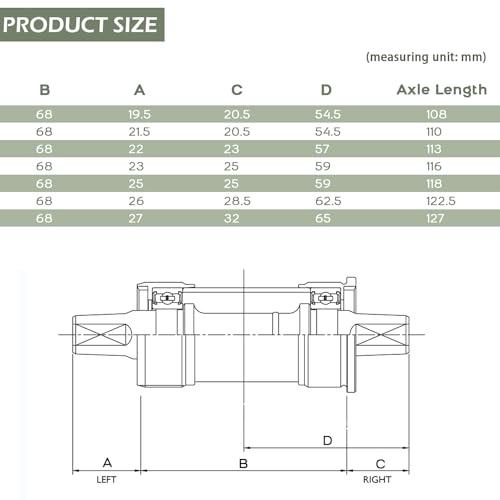 Thinvik Thinvik Square Tapered Bottom Bracket - 68mm English BSA Compatible with Shimano BB-UN26/BB-300/BB-100/BB-101, 68mm x 108 110 113 116 118 122.5 127