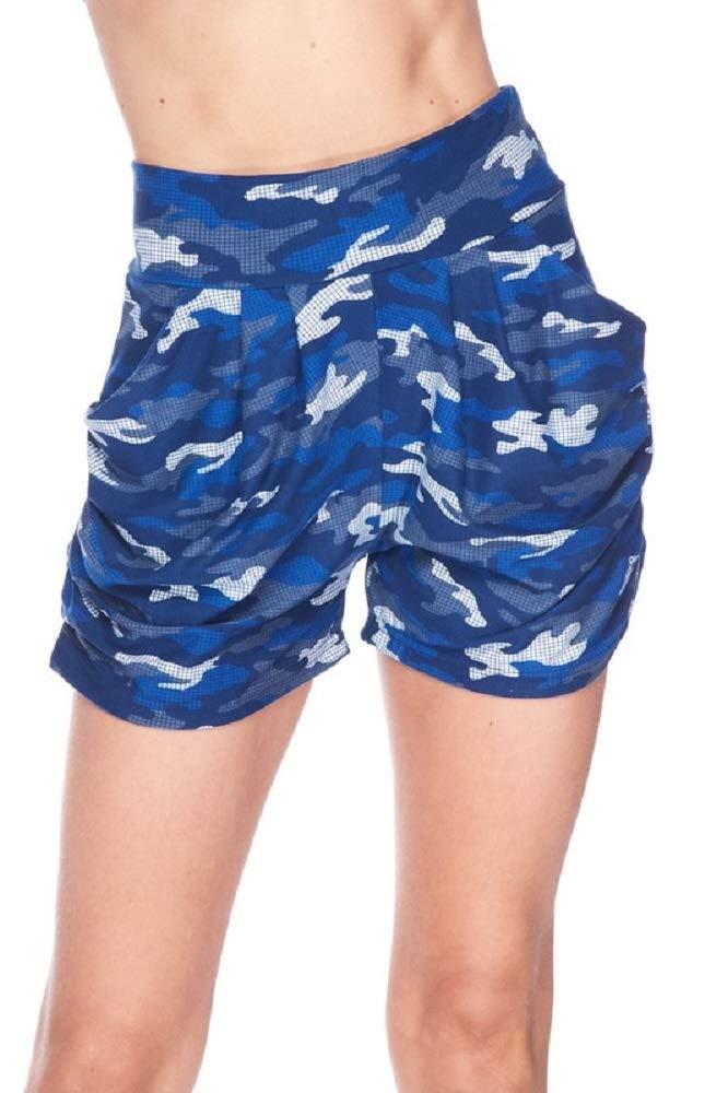 New Mix New Mix Premium Ultra Soft Brushed Yummy Print Harem Shorts with Pockets (Small/Medium, Blue Grid Camo)