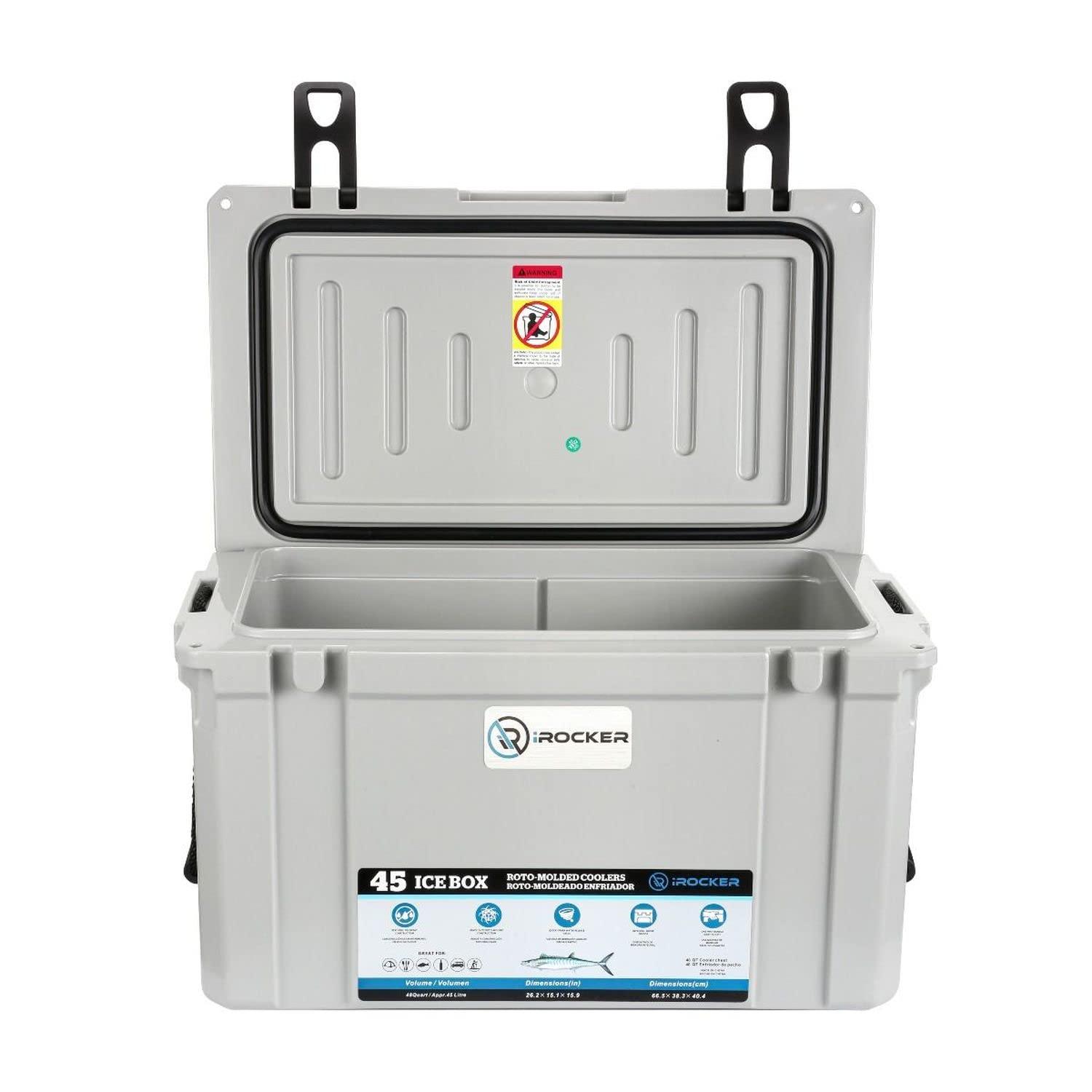 iROCKER iROCKER 45L Roto-Molded Hard Cooler, Heavy Duty Ice Box Equipped with Quick Drain Water Release Valve, 26\" x W 15\" x H 16\", Cooler Gray