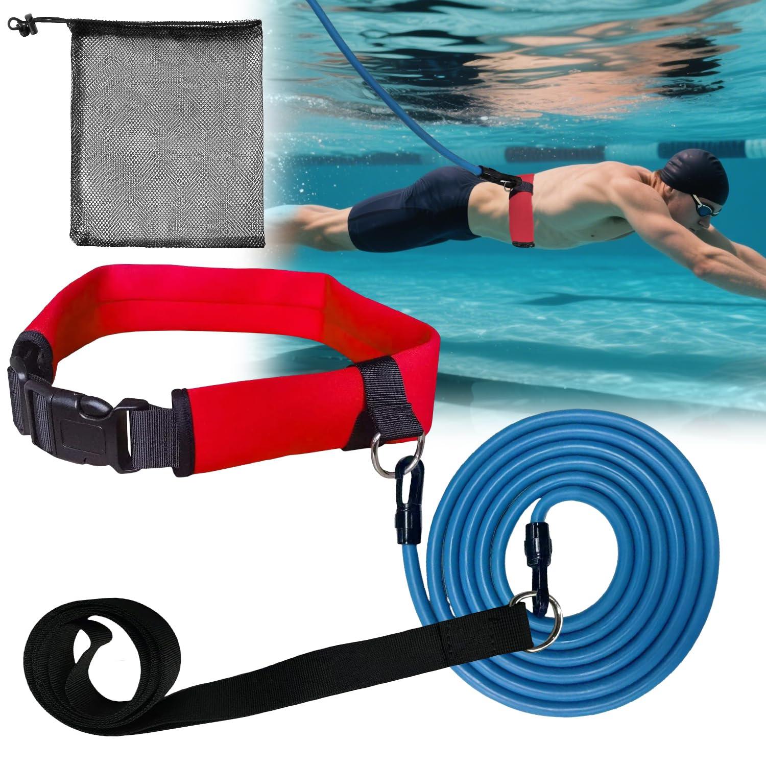 WONEWTH WONEWTH Swim Tether Resistance Belt Stationary Swimming, Pool Swim Bungee Training Belt, Swim Trainer Harness Belts for Adults Exercise (Red)