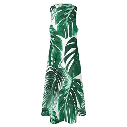 TUBIAZICOL Tropical Palm Leaves Ankle Long Maxi Dress for Women Sleeveless Summer with Pockets