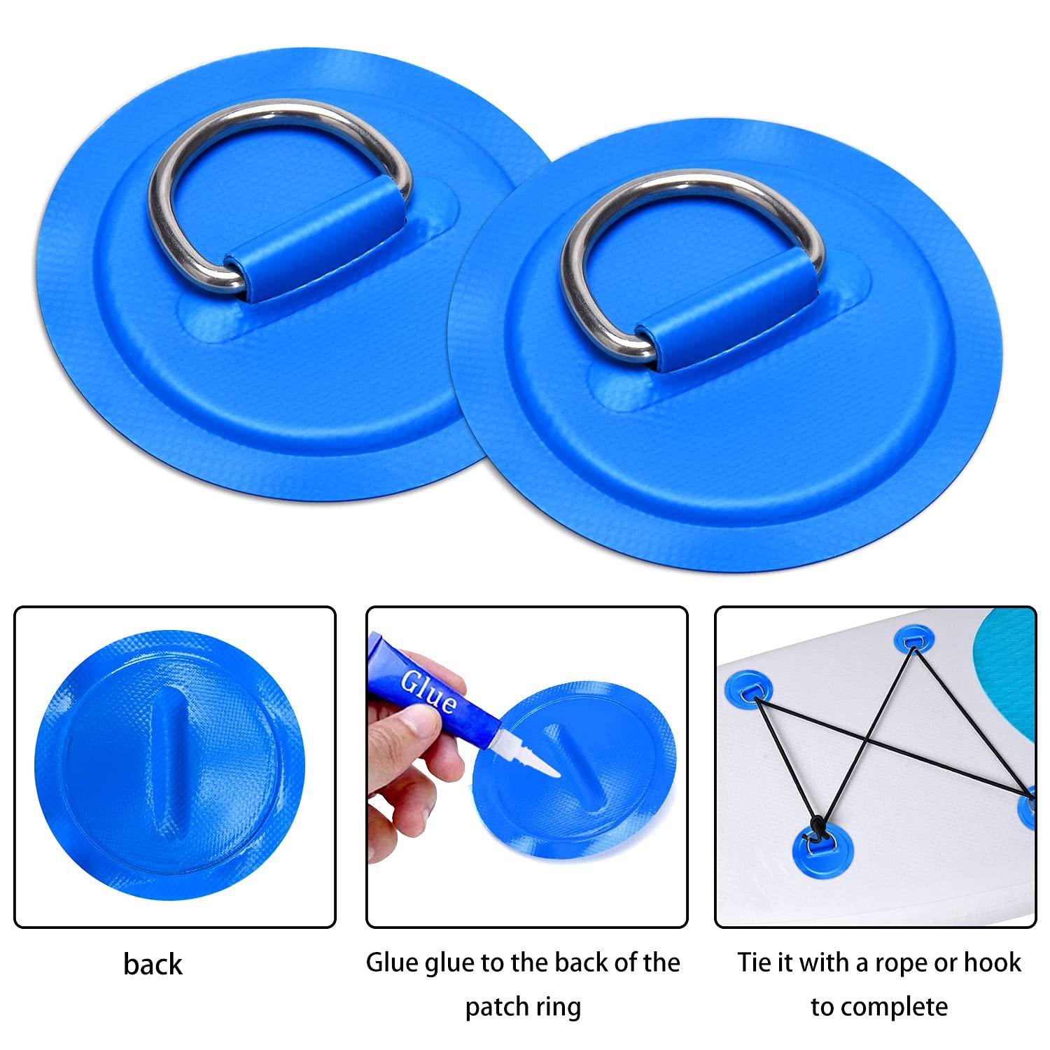 TOBWOLF TOBWOLF 6 Pack 3.15\" / 8cm Stainless Steel D-Ring Patch for Inflatable Boat Kayak Dinghy SUP, Circular D-Ring PVC Pad Stand-Up Paddleboard Canoe Rafting Accessories, NO Glue Included - Blue