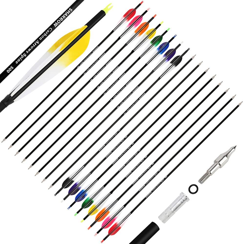 SHARROW 28/30/31 Inch Archery Carbon Arrows Spine 500 Hunting Target Practice Carbon Arrows with 100 Grain Replaceable Tips and 5" Real Feather for Compound & Recurve & Traditional Bow (Yellow, 28 inch/12pcs)