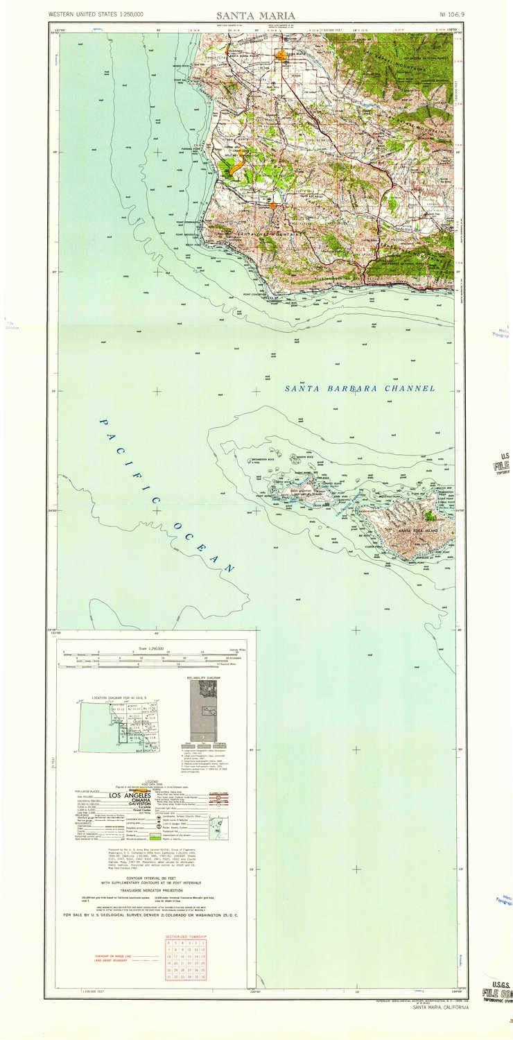 YellowMaps YellowMaps Santa Maria CA topo map, 1:250000 Scale, 2 X 1 Degree, Historical, 1958, Updated 1958, 38 x 18.8 in - Tyvek