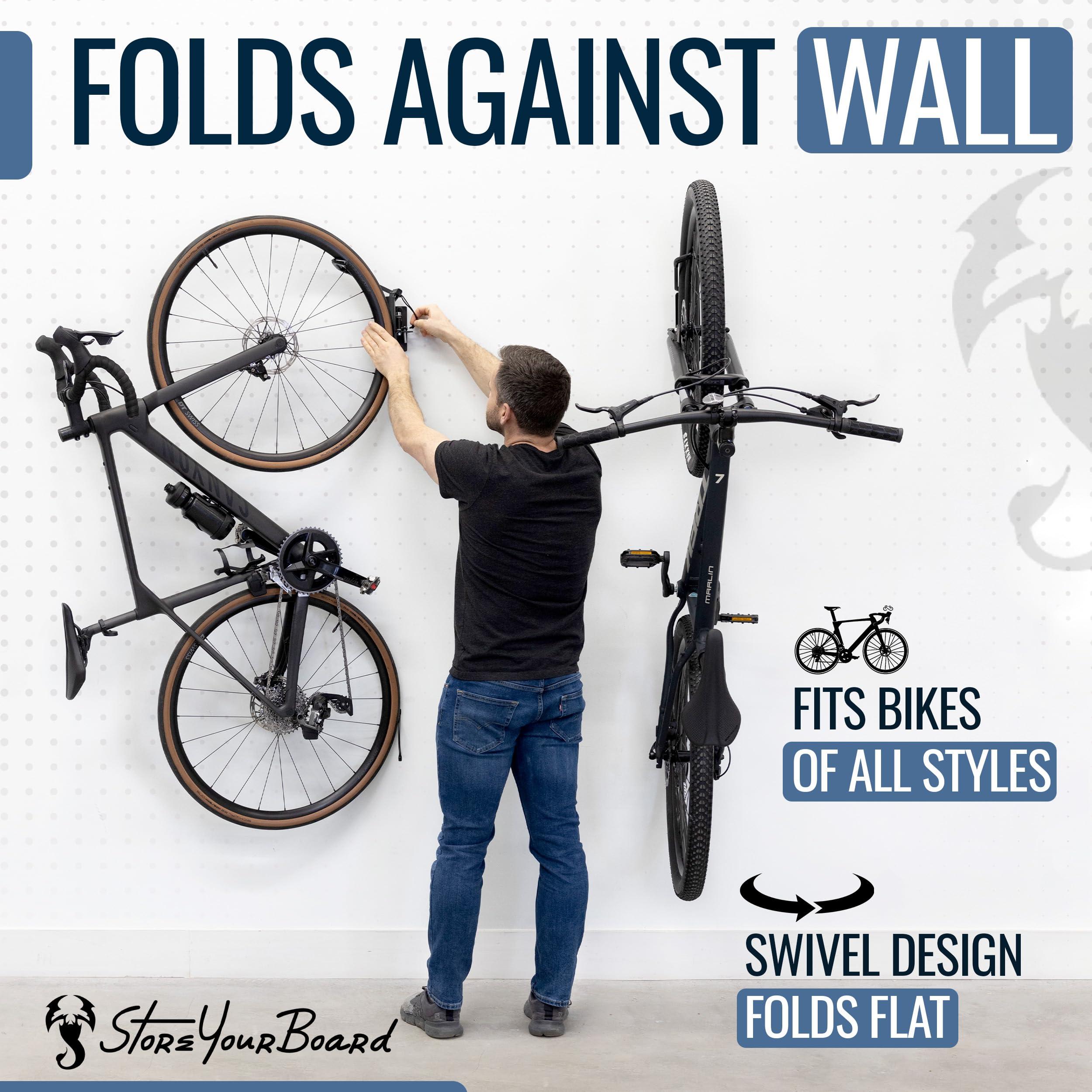 StoreYourBoard StoreYourBoard Swivel Bike Rack Garage, 4 Pack Wall Mount, Bike Storage Hooks, Space Saving Hangers