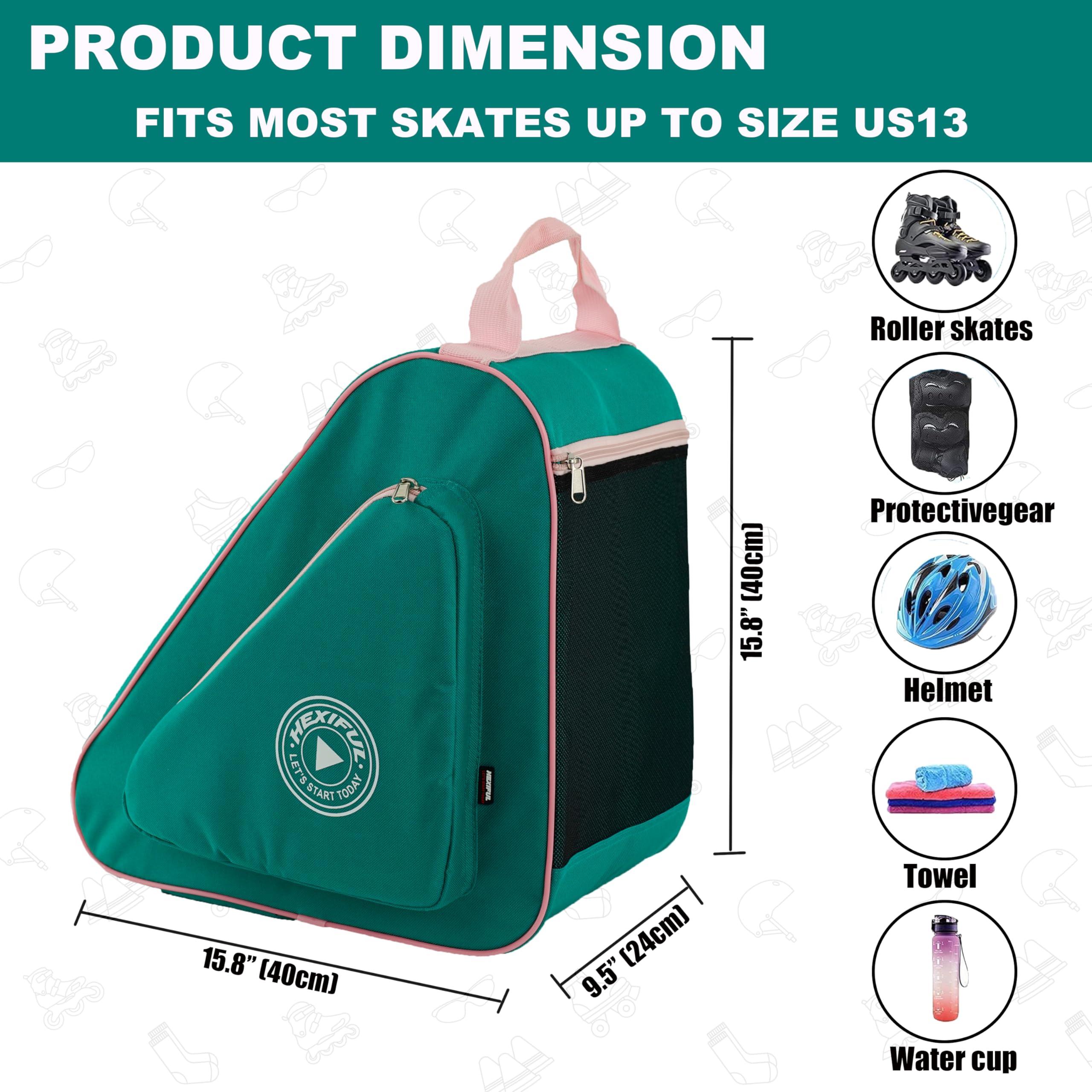 HEXIFUL HEXIFUL Skate Bag to Carry Ice Skates, Inline Skates, Roller Skates and Quad Skates for Both Kids and Adults (Green/Pink)