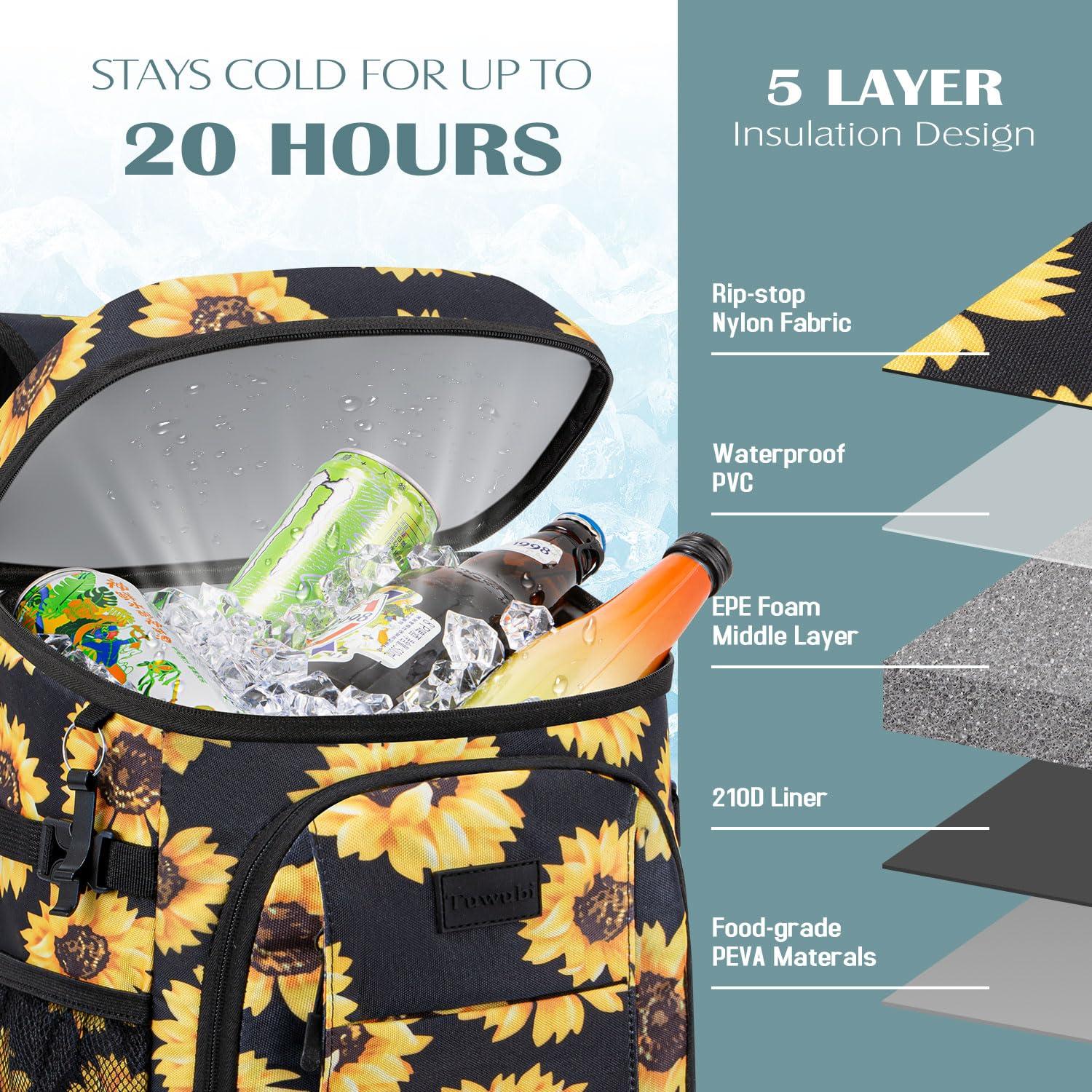 Tuwubi Tuwubi Cooler Backpack 35 Cans, Backpack Coolers Insulated Leak Proof for Men Women, Waterproof Soft Sided Lunch Camping Beach Travel Ice Chest Backpack Cooler Bag Sunflower