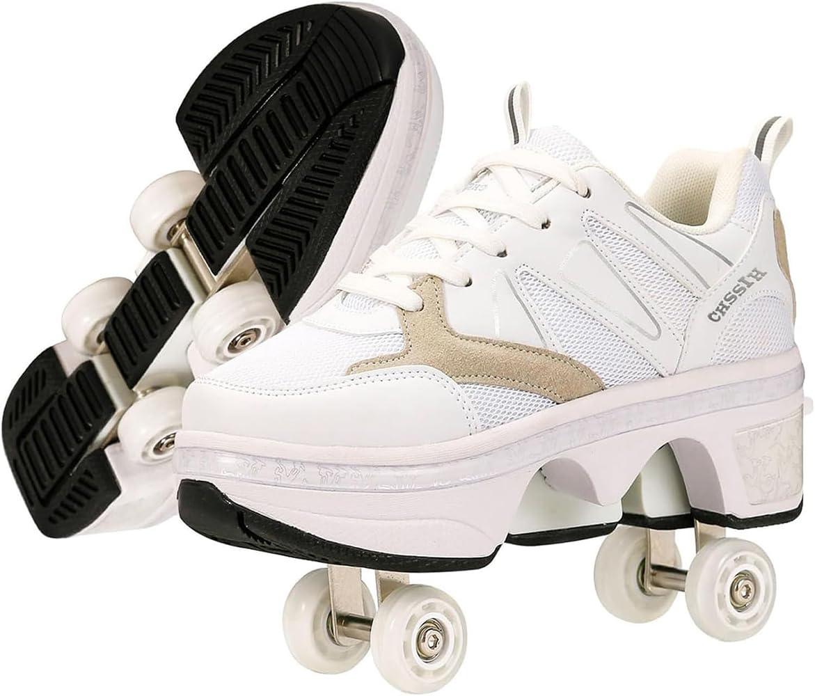 CHSSIH Shoes with Wheels Roller Skate Shoes for Girls, Kids, Women, Men & Adults | Retractable High Roller Skating Shoes That Pop Out Into Sneaker Skates - White, 5.5