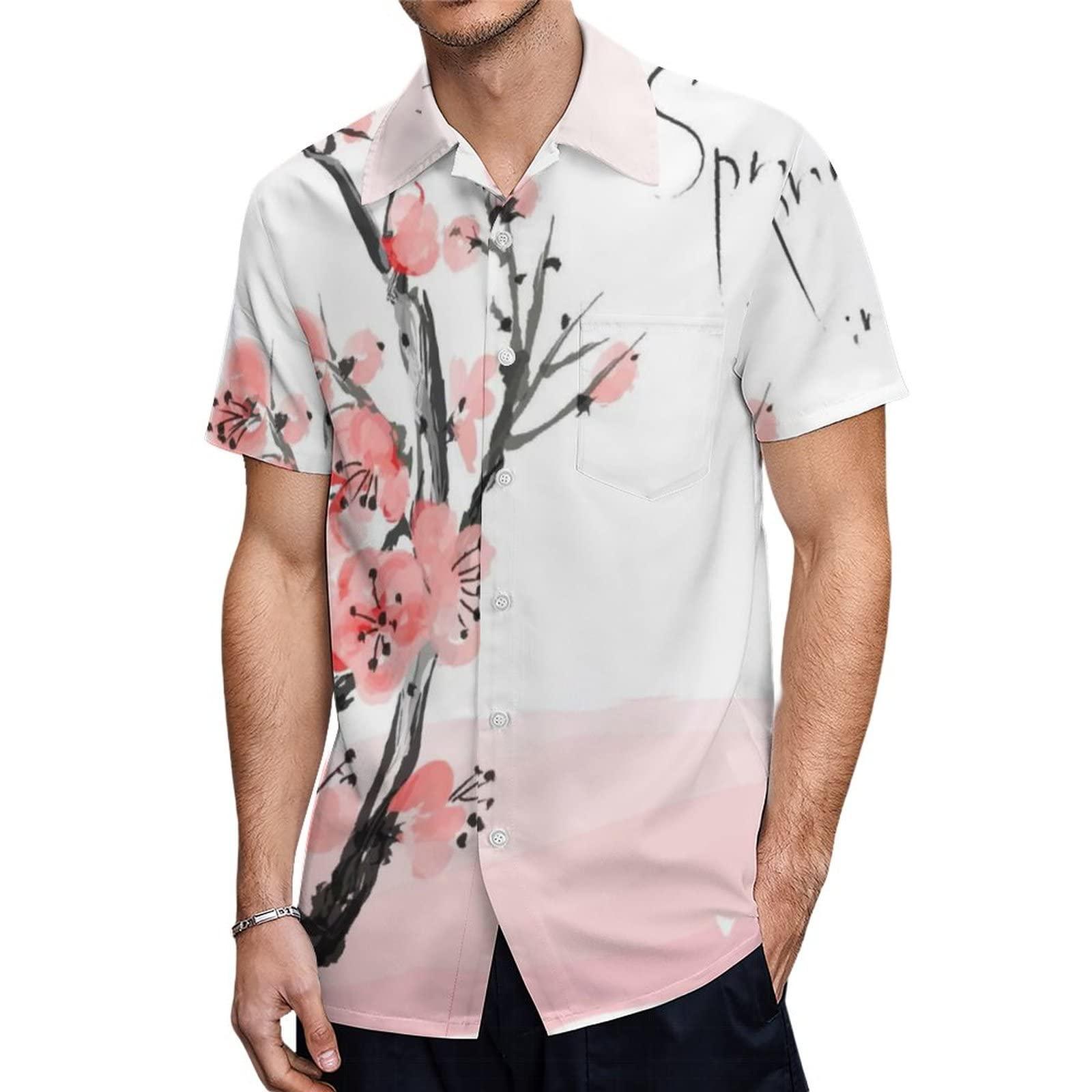 BAIKUTOUAN BAIKUTOUAN Japanese Cherry Blossom Men's Short Sleeve Shirt Casual Loose Button Down Shirts for Work Beach Vacation 3XL