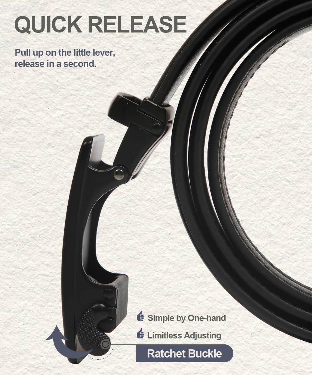 Teooauss Ratchet Belts for Men, Leather Black Slide Belt with Automatic Buckle for Golf Work Wedding Dress Casual Shirt Pants Jeans, Micro Adjustable, Trim To Fit - Waist: 36-42