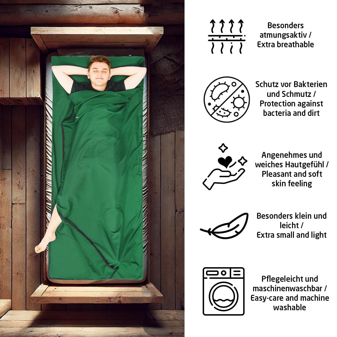 Miqio MIQIO Sport 2-in-1 Sleeping Bag Liner and XL Sized Travel Sheet - Ultra Lightweight Sleep Liner Double Travel Bed Sheet Inlett Inlay - Green Zipper Right