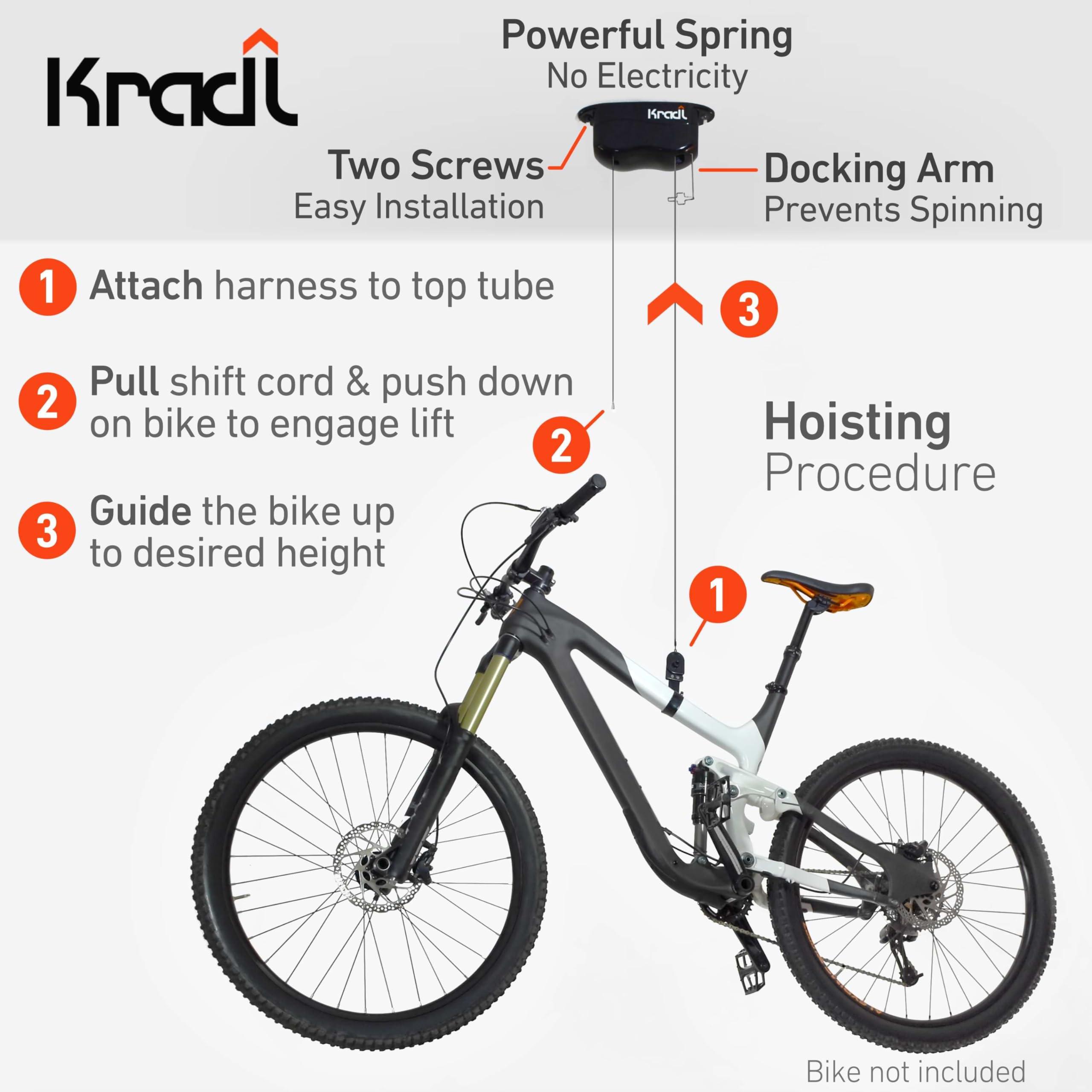 Kradl Kradl - Ceiling Mount Bike Lift and Rack. Bicycle Storage Hoist Without Electricity, Clumsy Ropes or Pulleys. 25 Pound Capacity.