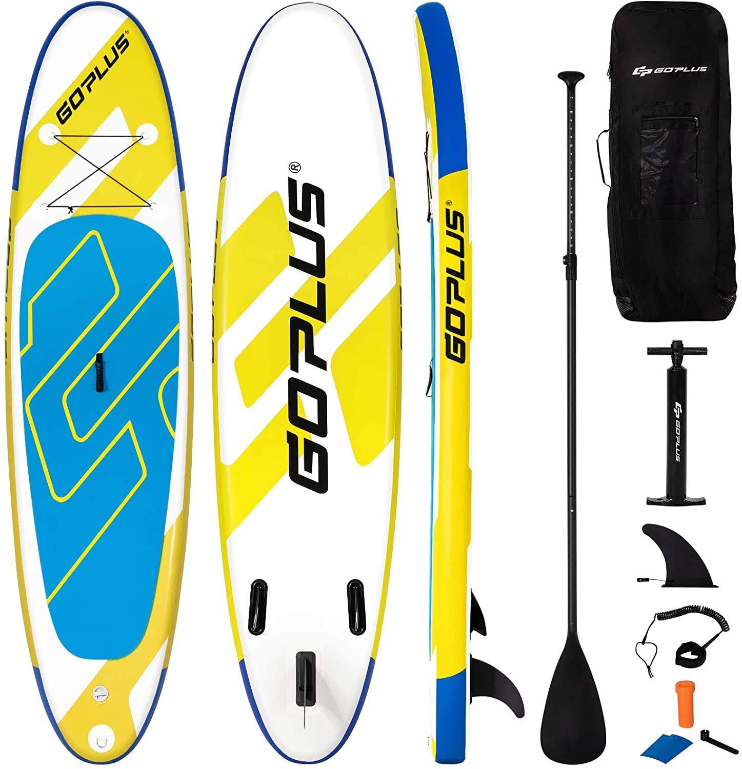 Goplus Goplus Inflatable Stand Up Paddle Board, 11 x 30 x 6 SUP with Accessory Pack, Adjustable Paddle, Carry Bag, Bottom Fin, Hand Pump, Non-Slip Deck, Leash, Repair Kit (Yellow+Blue, 11FT)