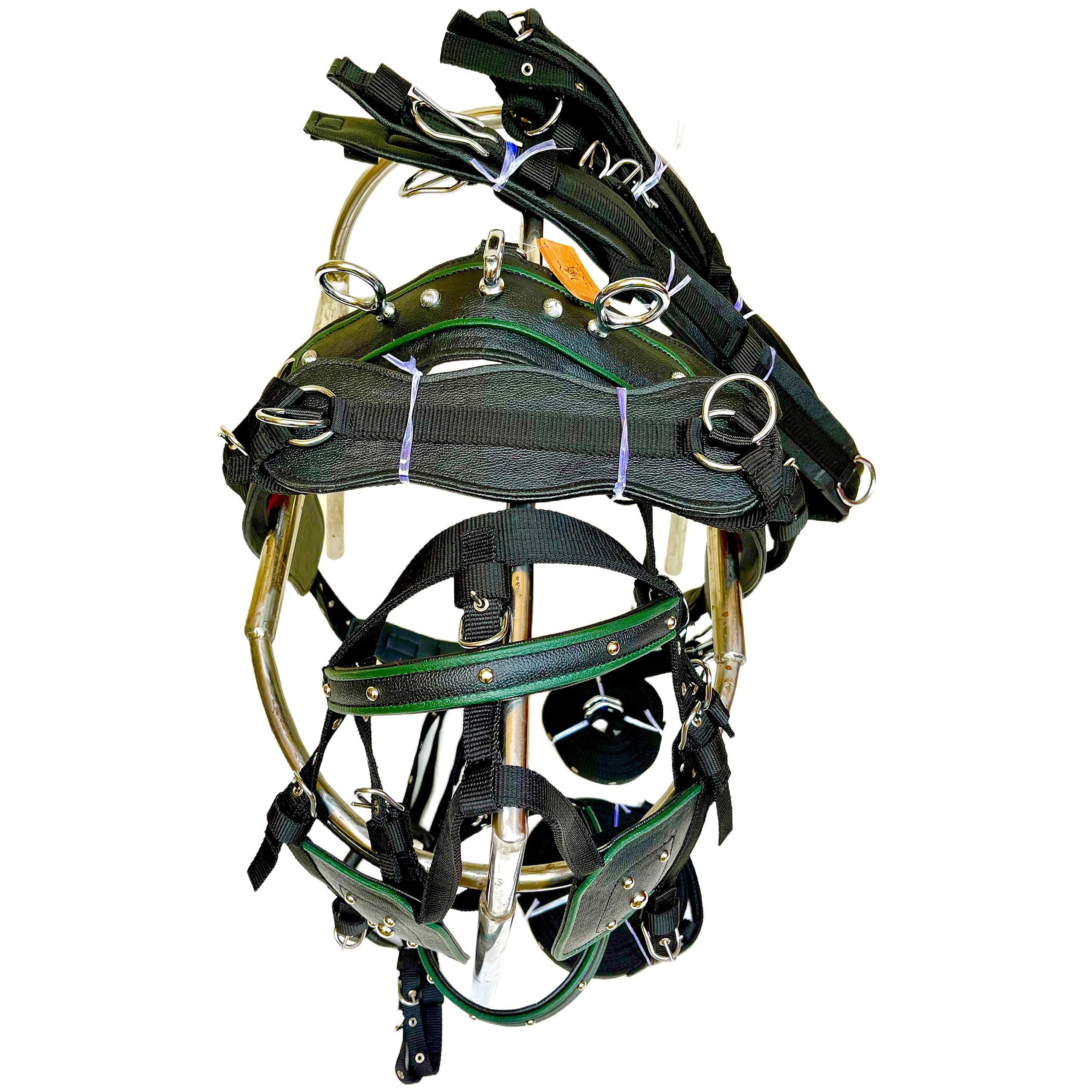 AHS us Nylon Horse Driving Harness for Single Horse Cart in Black Color | 3 Contrasting Piping Color Options Available | (Pony, Green Piping)