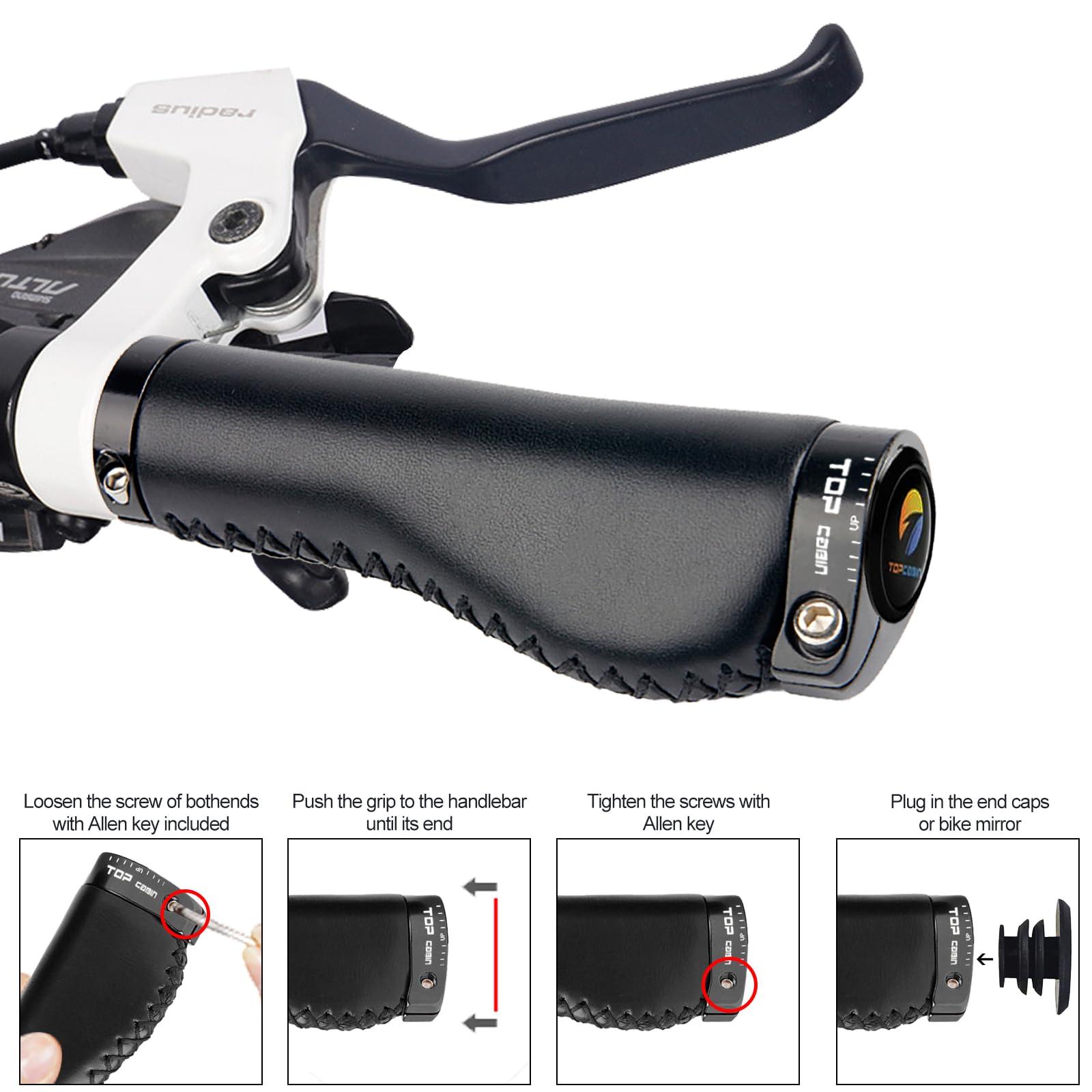 TOPCABIN TOPCABIN Bicycles Handlebar Grips, Aluminum Lock-on Ergonomic Bike Grips, Cushion Vibrations Comfort Bike Handlebar Grips, Mountain MTB BMX Bicycles Grips for Scooter (Hand-Sewn ATF Leather(Black))