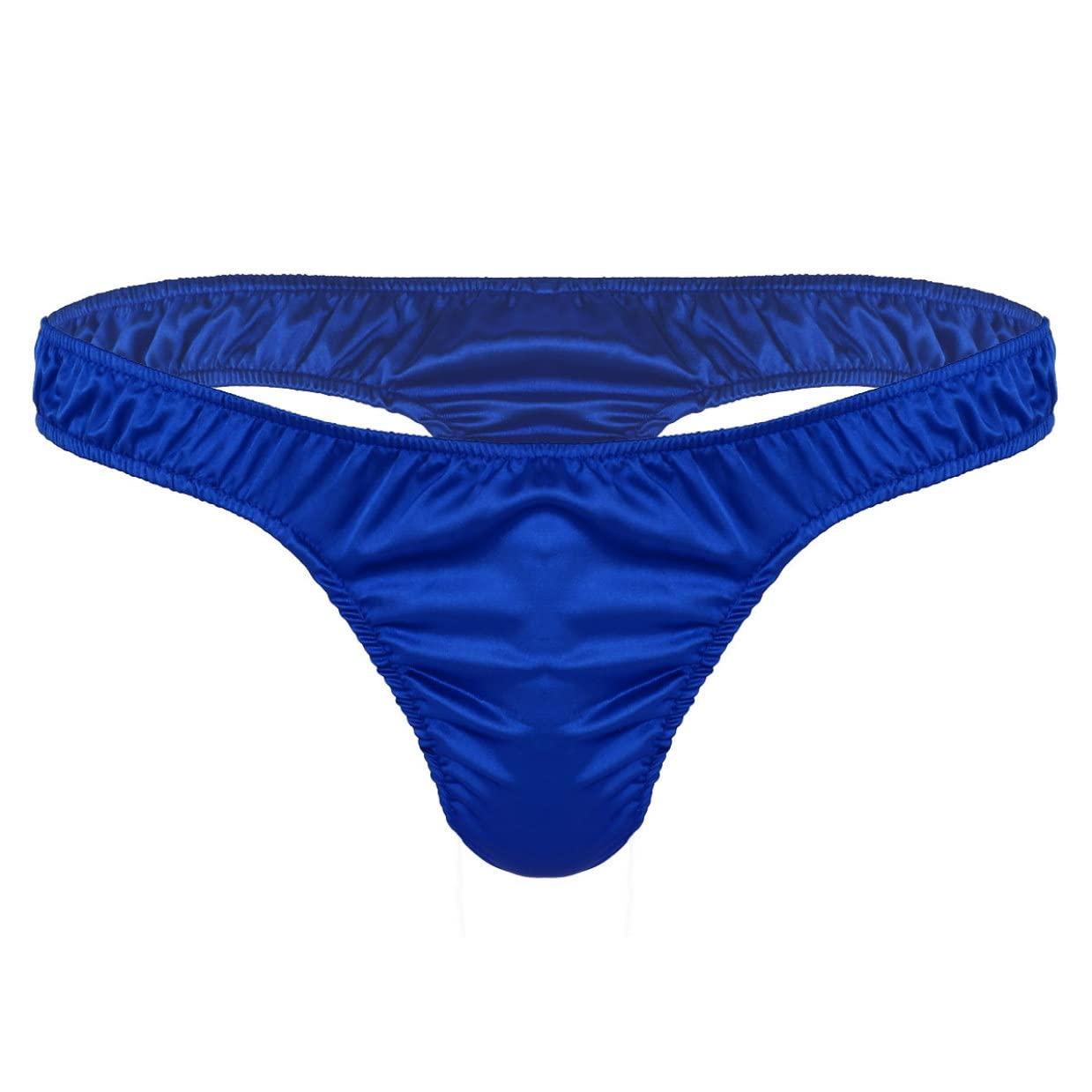 QinCiao QinCiao Mens Silky Shiny Satin Ruffled Sissy Bikini Thongs Crossdress Underwear Panties Blue Large