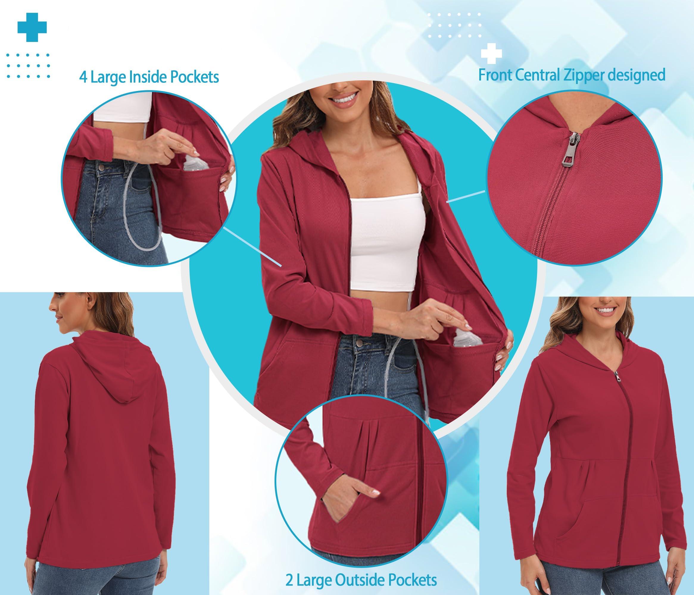 EVERWORTH EVERWORTH Post Mastectomy Shirts with Drain Pockets Breast Mastectomy Recovery Must Haves Soft Long Sleeve Zip Up Shirts Clothing Red M