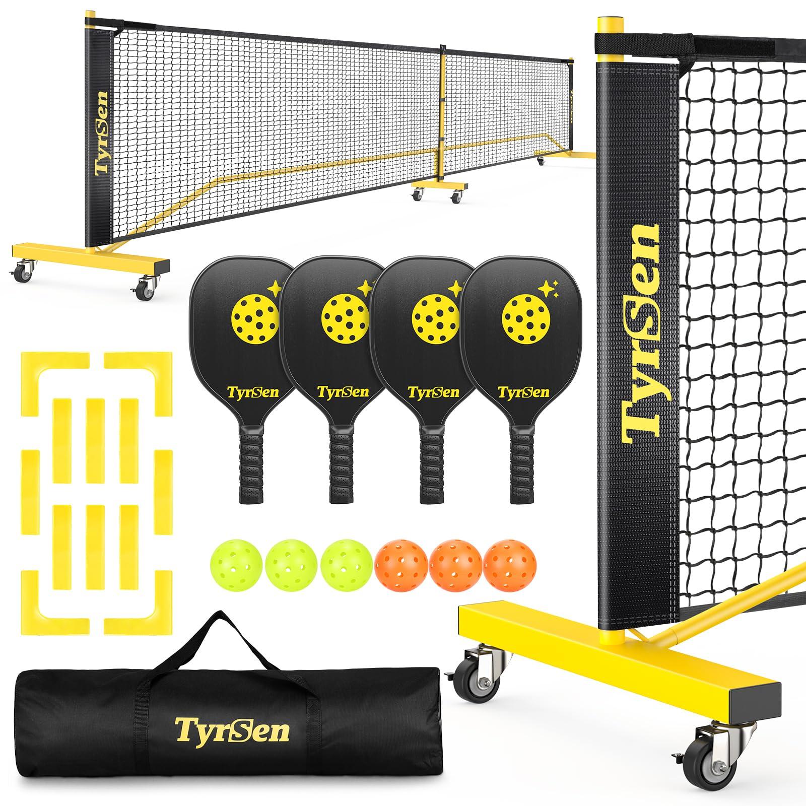 TYRSEN TYRSEN Pickleball Net Set - Pickleball Net on Wheels for Driveway Backyard, 22FT Regular Size, 4 Pickleball Paddles & 6 Balls, 12 Court Markers, 1 Carry Bag, Pickleball Set for Indoor Outdoor Play