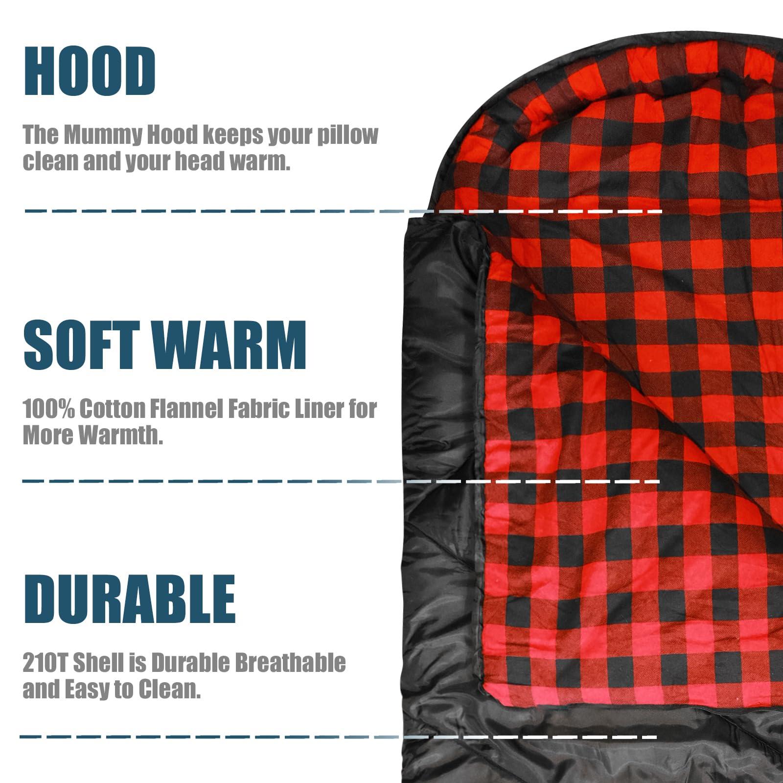 ShinHye ShinHye 0 Degree Sleeping Bag for Adults - Cotton Flannel 4 Season Cold Weather Winter, XXL Big and Tall Camping Sleeping Bag with Compression Sack (Black, 90"35" Right Zip)