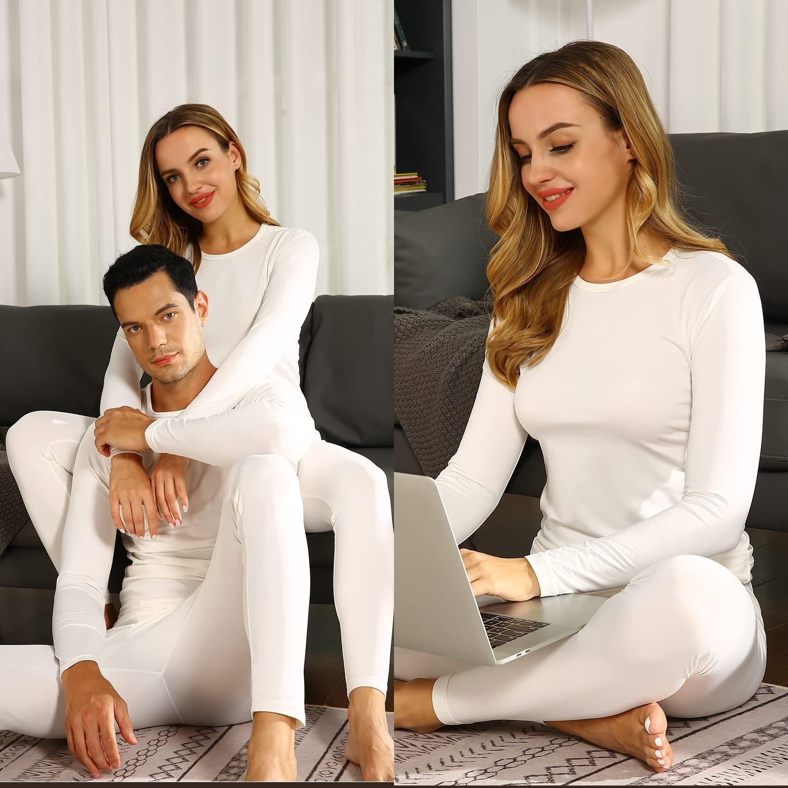 ViCherub ViCherub Women's Thermal Underwear Set Long Johns Base Layer Fleece Lined Cold Weather Soft Top Bottom Cream White Medium