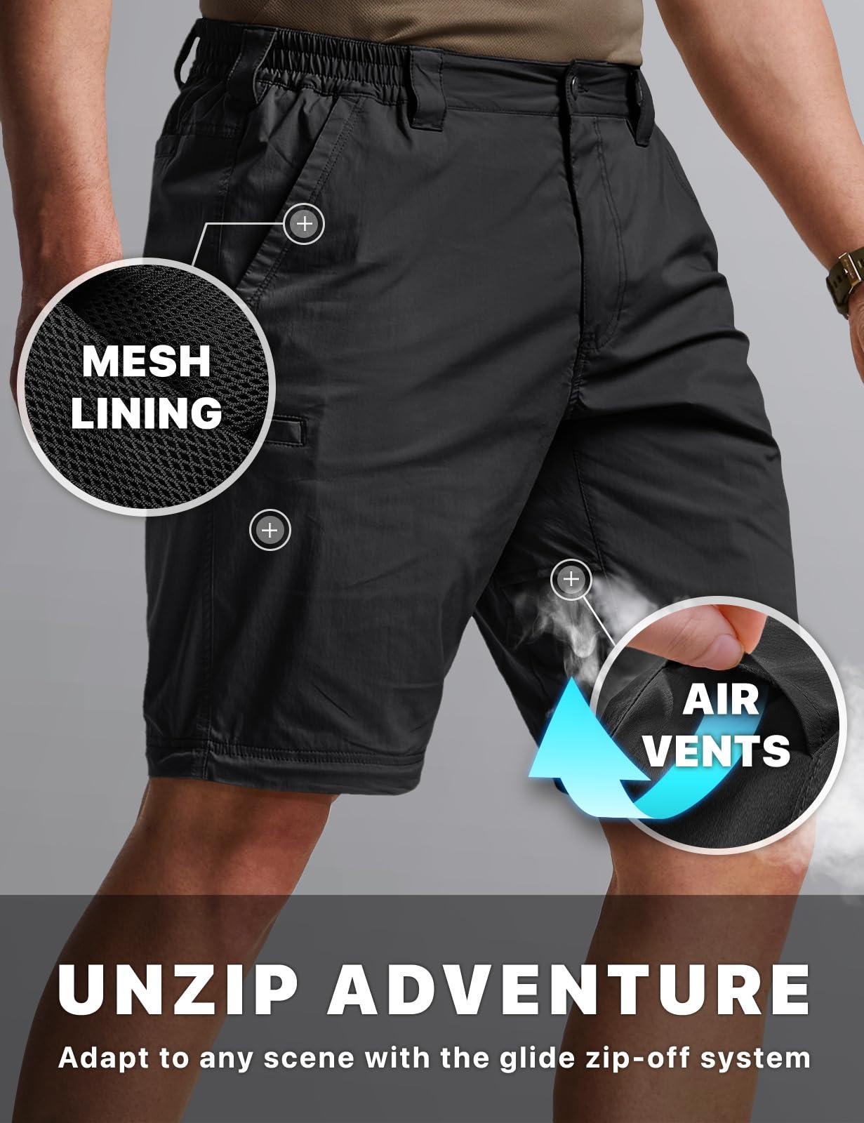 CQR CQR Men's Convertible Cargo Tactical Pants, Water Resistant Outdoor Hiking Pants, Zip Off Lightweight Stretch Work Pants, Runyon Black, 28W x 30L