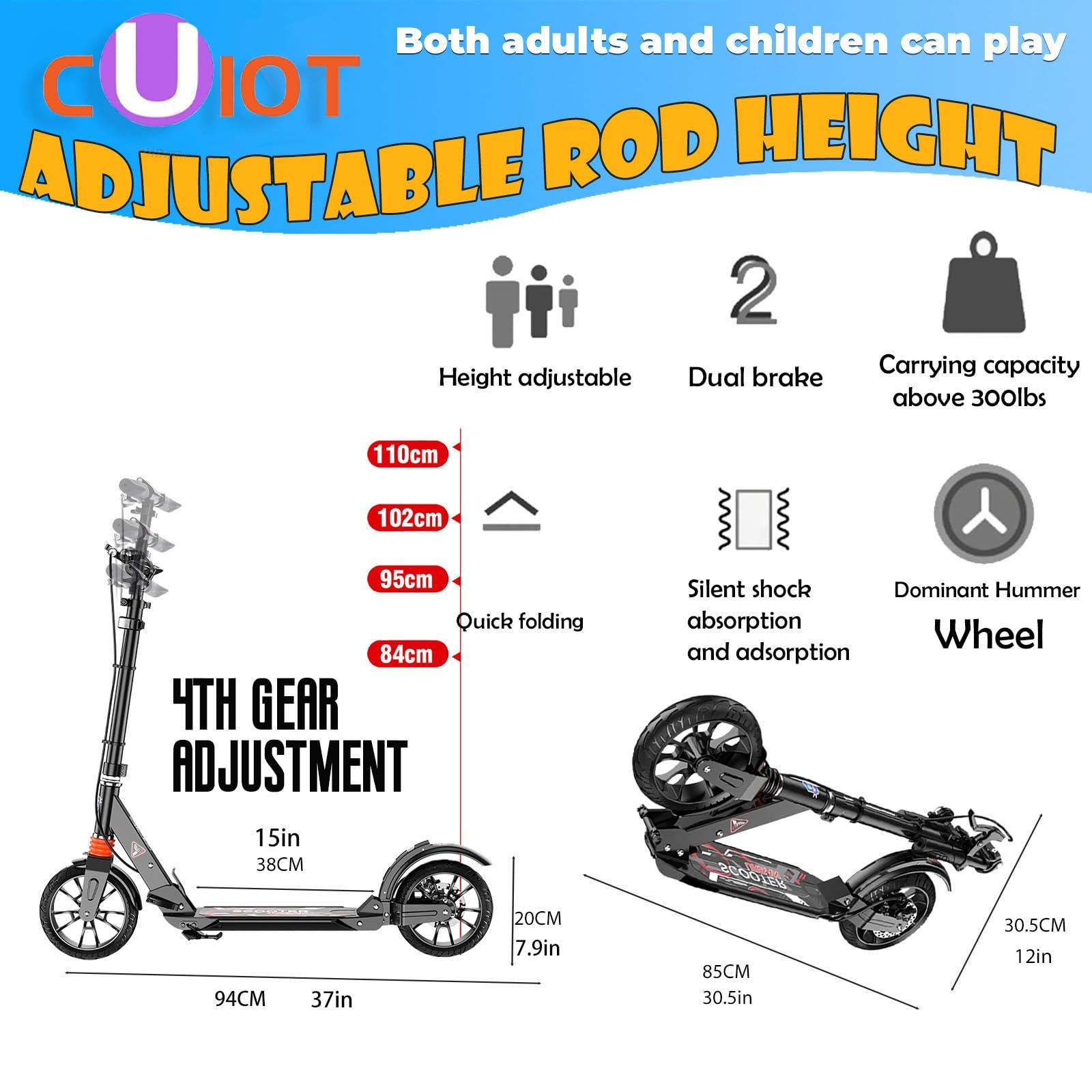 CUIOT CUIOT Kick Scooter for Kid Ages 6+,Teens & Adults - Max Load 300 LBS, 4 Adjustable Levels, 200mm Big Wheel Scooter - FoldingLightweight, Aluminum, Indoor and Outdoor Scooters, Bearing ABE,Black