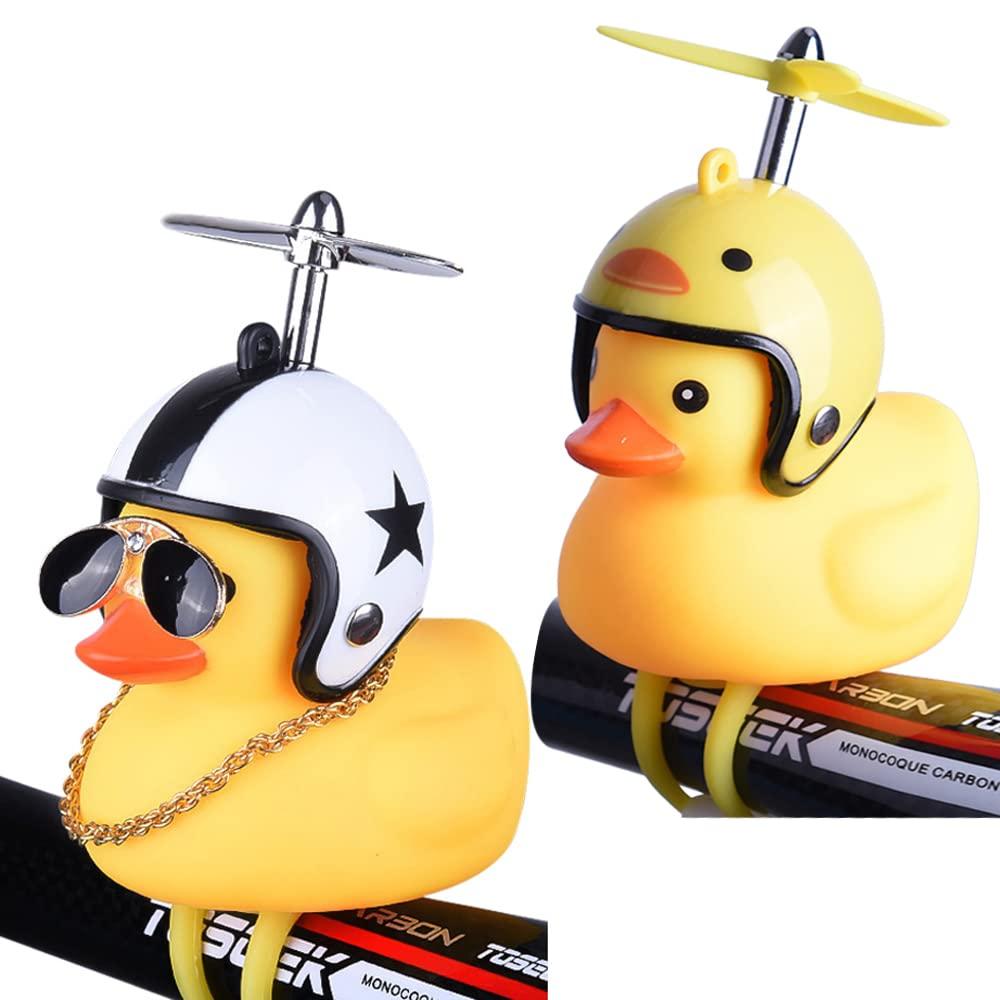 Omeet 2 Pack - Lovely Yellow Duck Bike Bell, Kids Bike Horn, Rubber Yellow Duck Bicycle Accessories with LED Light and Propeller - for Kids Toddler Children Adults Sport Outdoor
