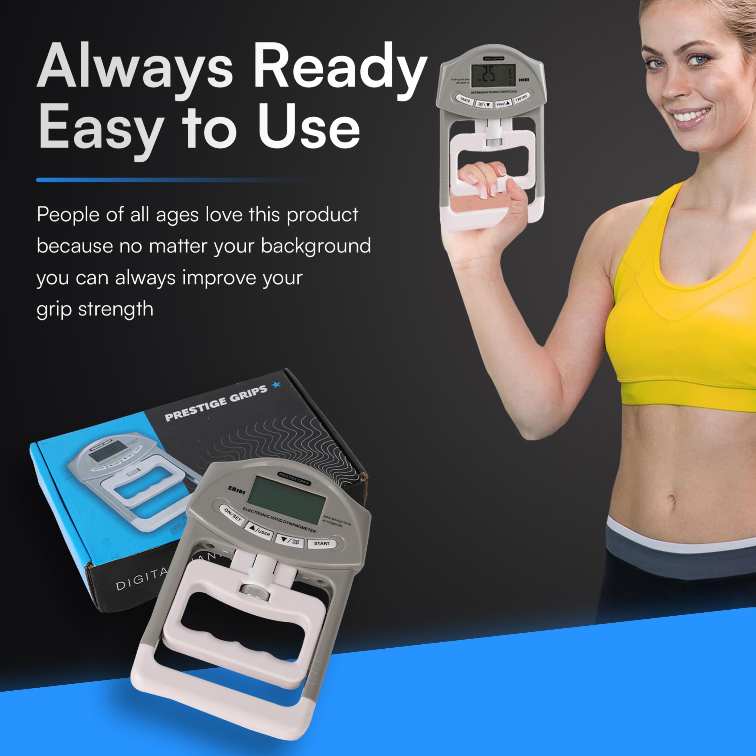 Prestige Grips Grip Strength Tester - Hand Strengthening Device With Precision Sensors & Adjustable Handle - Hand Dynamometer Fits Most Hands - 90 Kgs/198 Lbs. Max Power Reading - For Home - Sports - Rehab & Clinical Use