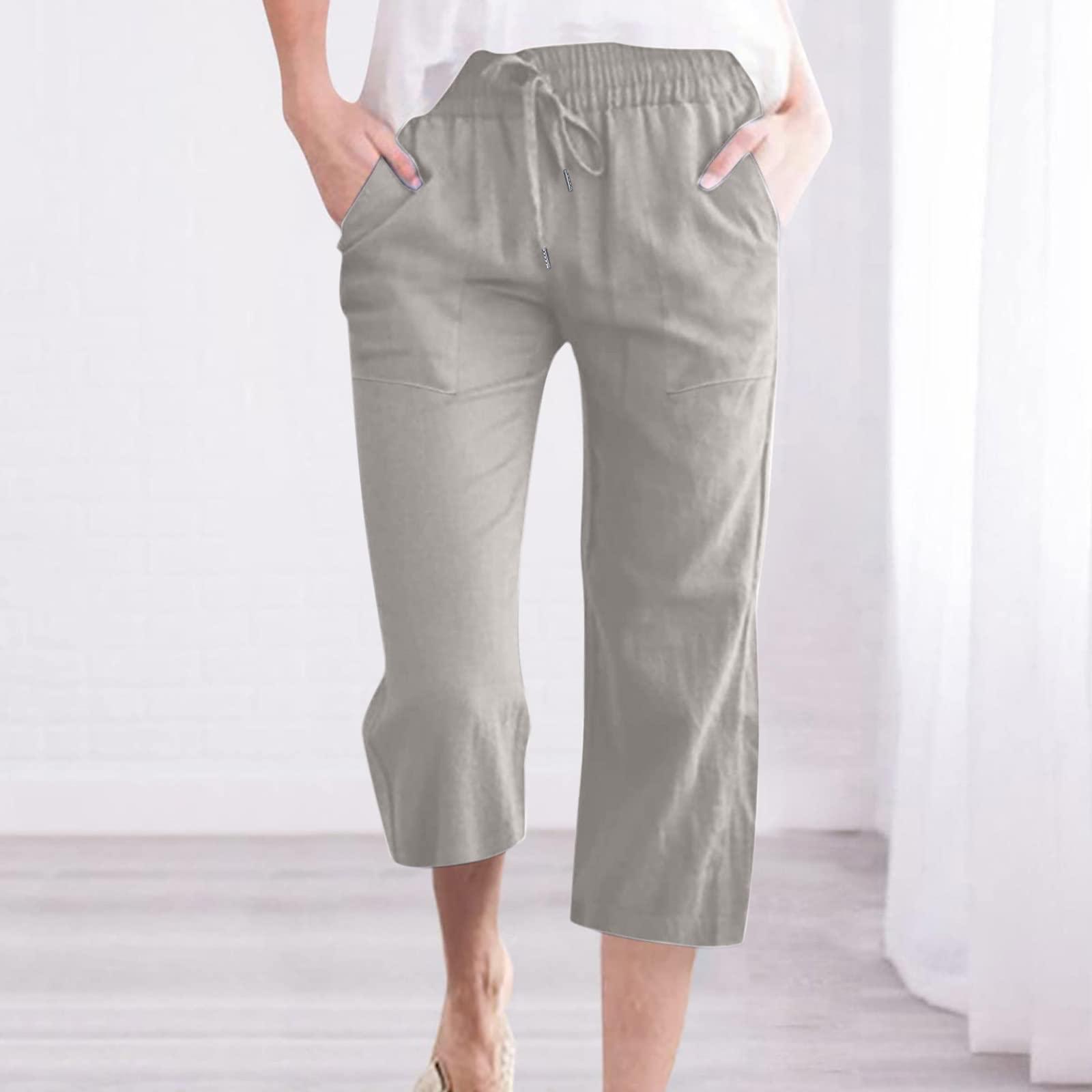 SMIDOW Womens Wide Leg Capris Casual Summer Elastic High Waist Cotton Linen Carpi Pants Loose Comfy Cropped Lounge Trousers