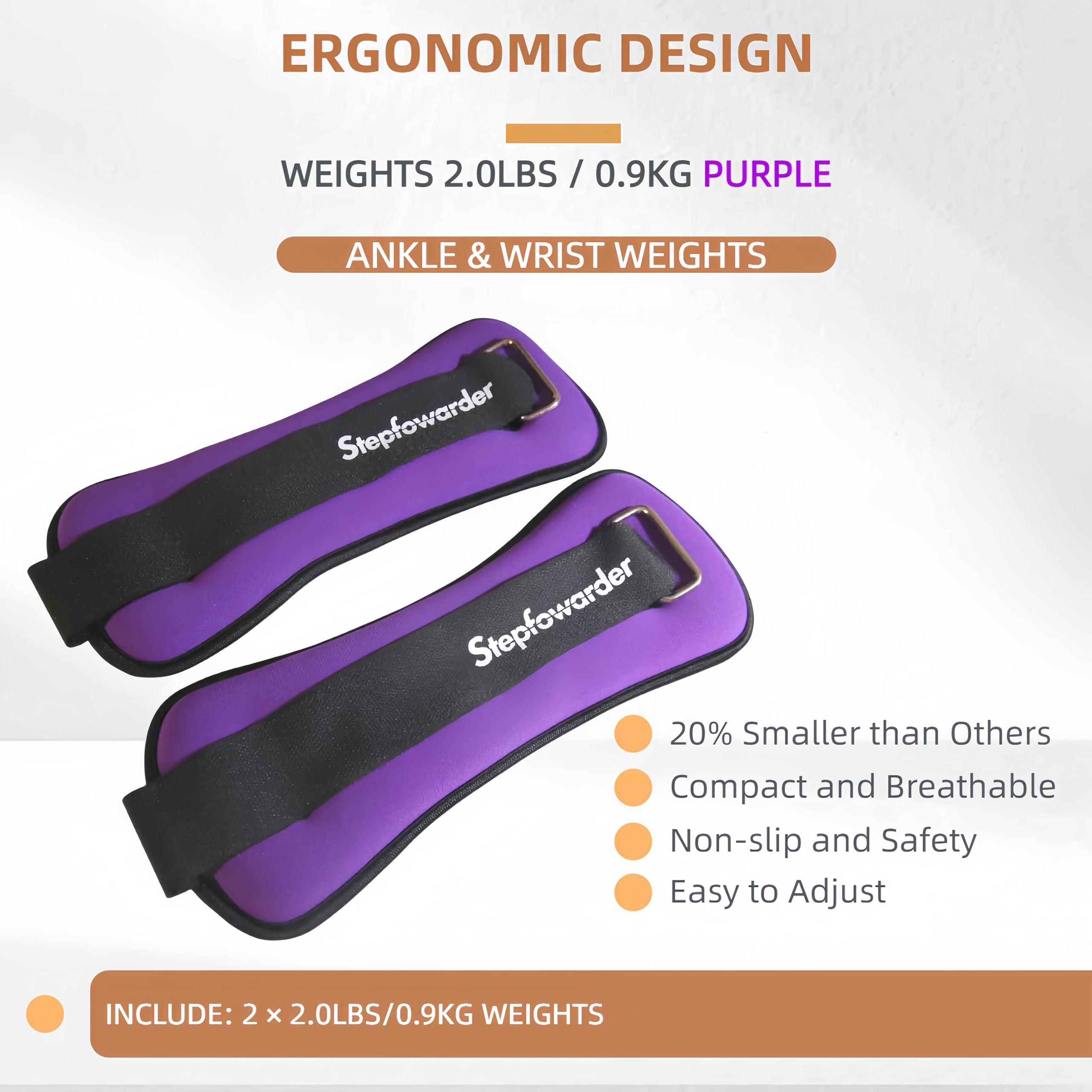 Stepfowarder Stepfowarder 1-4 Lbs Ankle/Wrist Weights (a Pair), Optional Colors & Weights with Adjustable Strap for Women, Men, Kids - Running, Jogging, Gymnastic, Physical Therapy, Fitness (2 * 2.0Lbs - Purple)